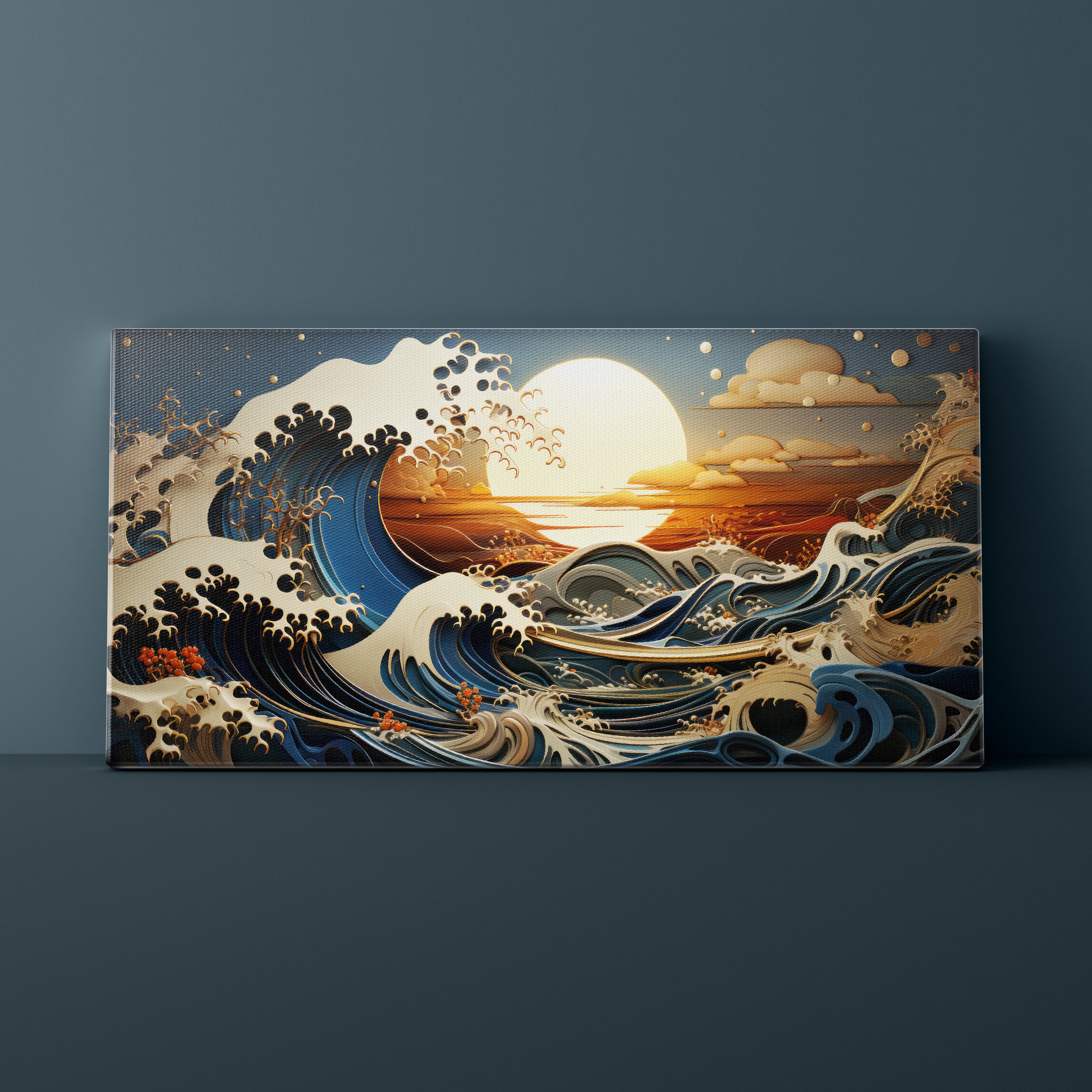 Decorative wall art of a stylized wave with a sunset on a dark blue background