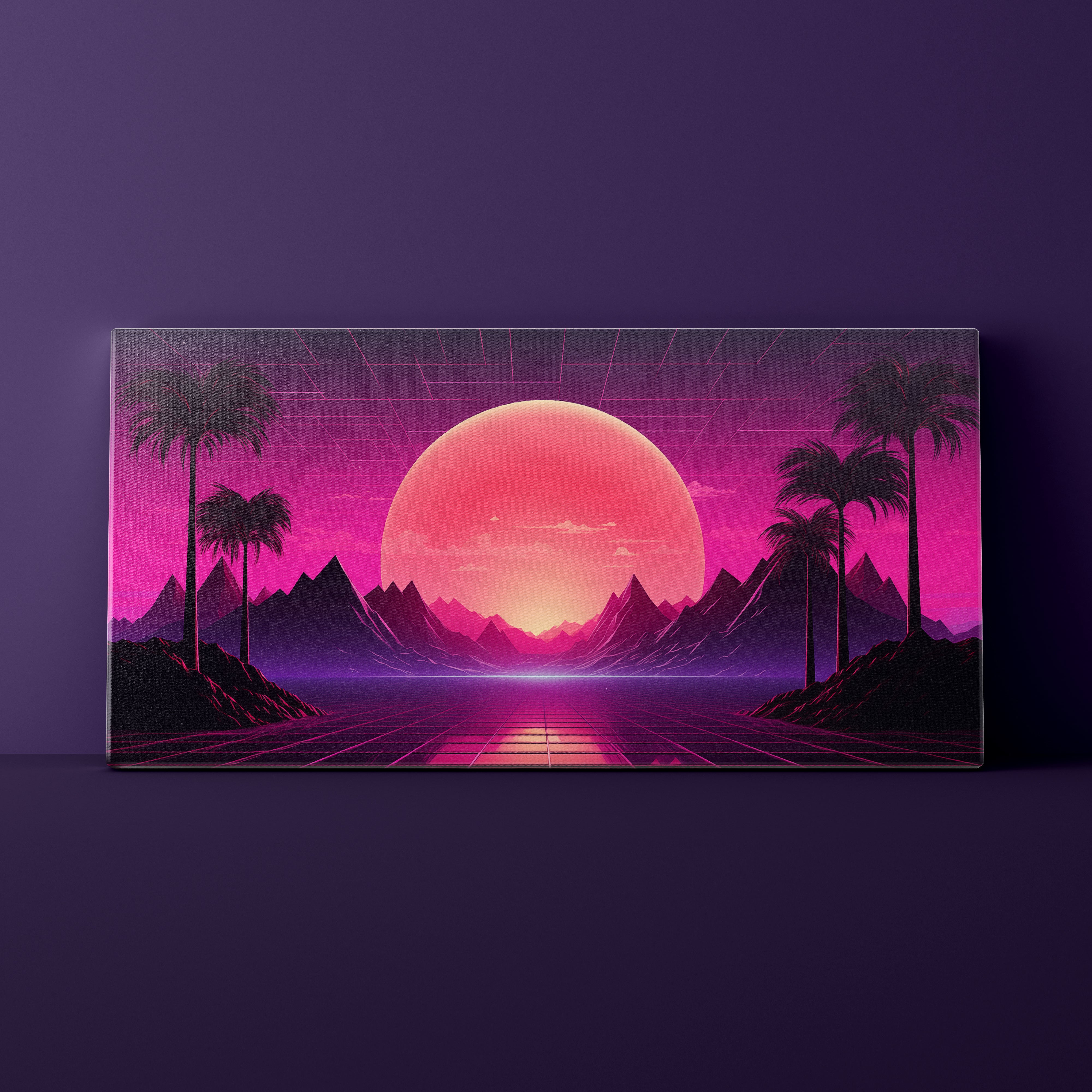 Futuristic landscape with a pink sun, palm trees, and mountains on a purple background
