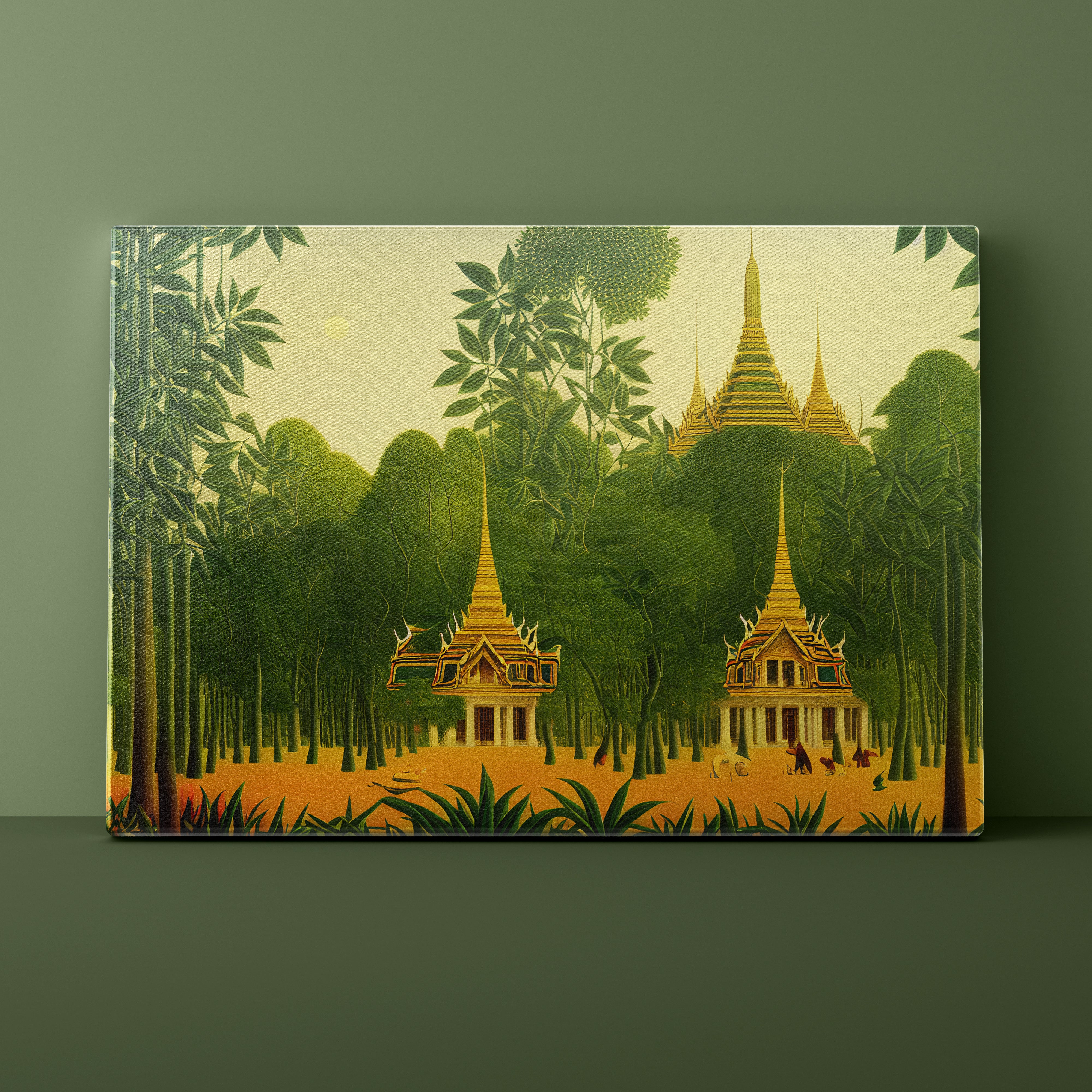 Traditional Thai temples hidden among trees with a warm glow