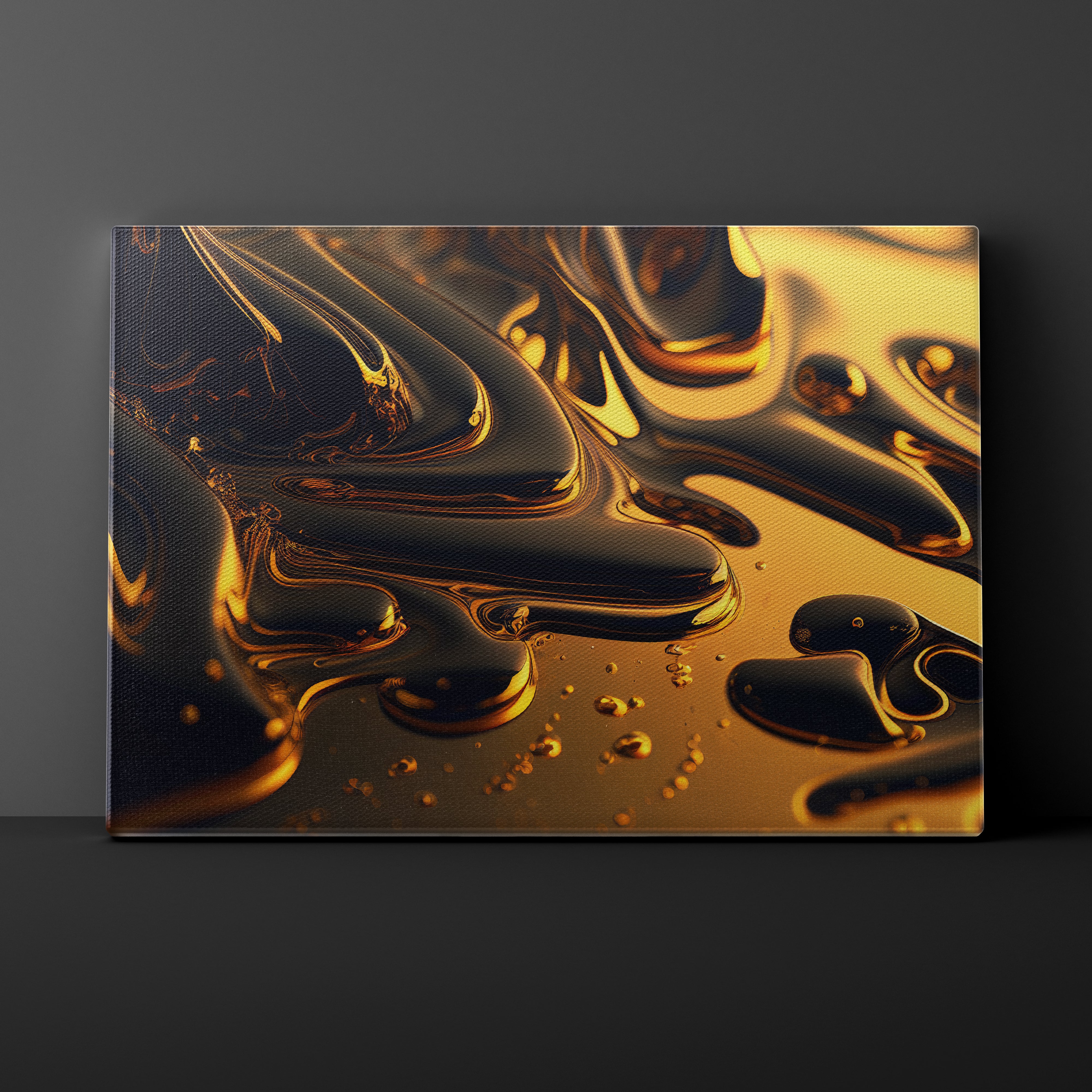 Abstract artwork of gold and black liquid on a dark background