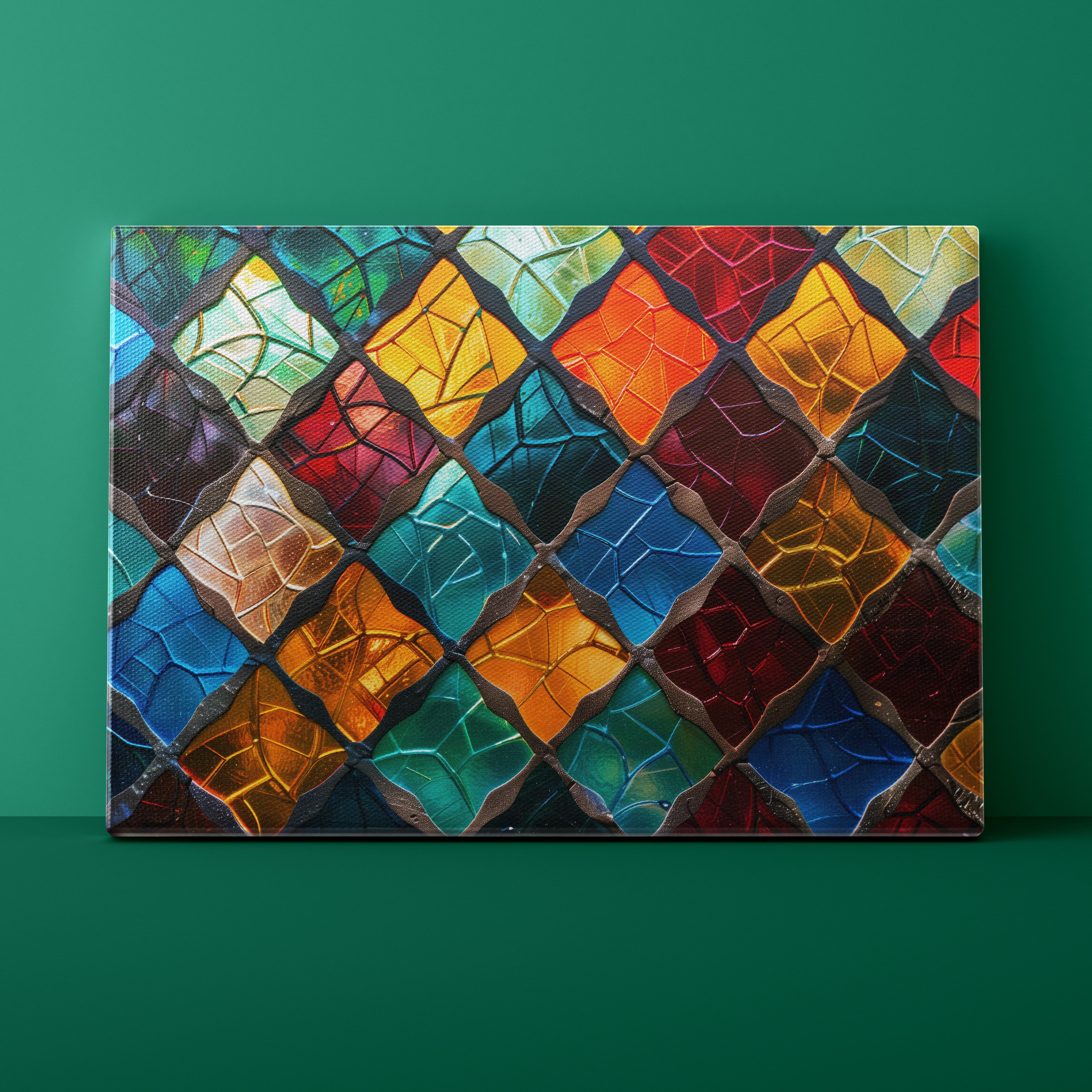 Colorful mosaic art piece on a green background
