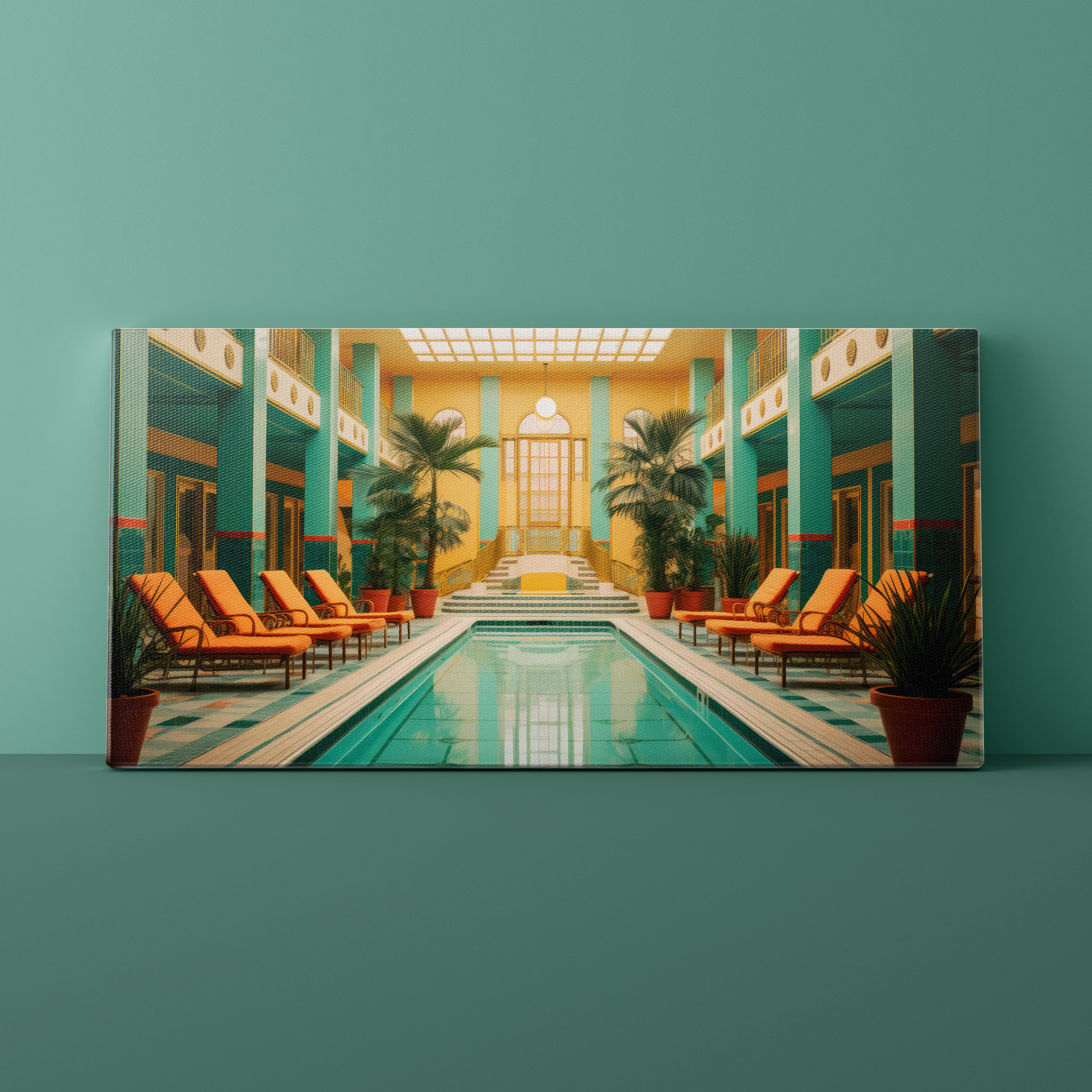 Canvas print of an indoor pool scene with lounge chairs and plants on a teal wall.