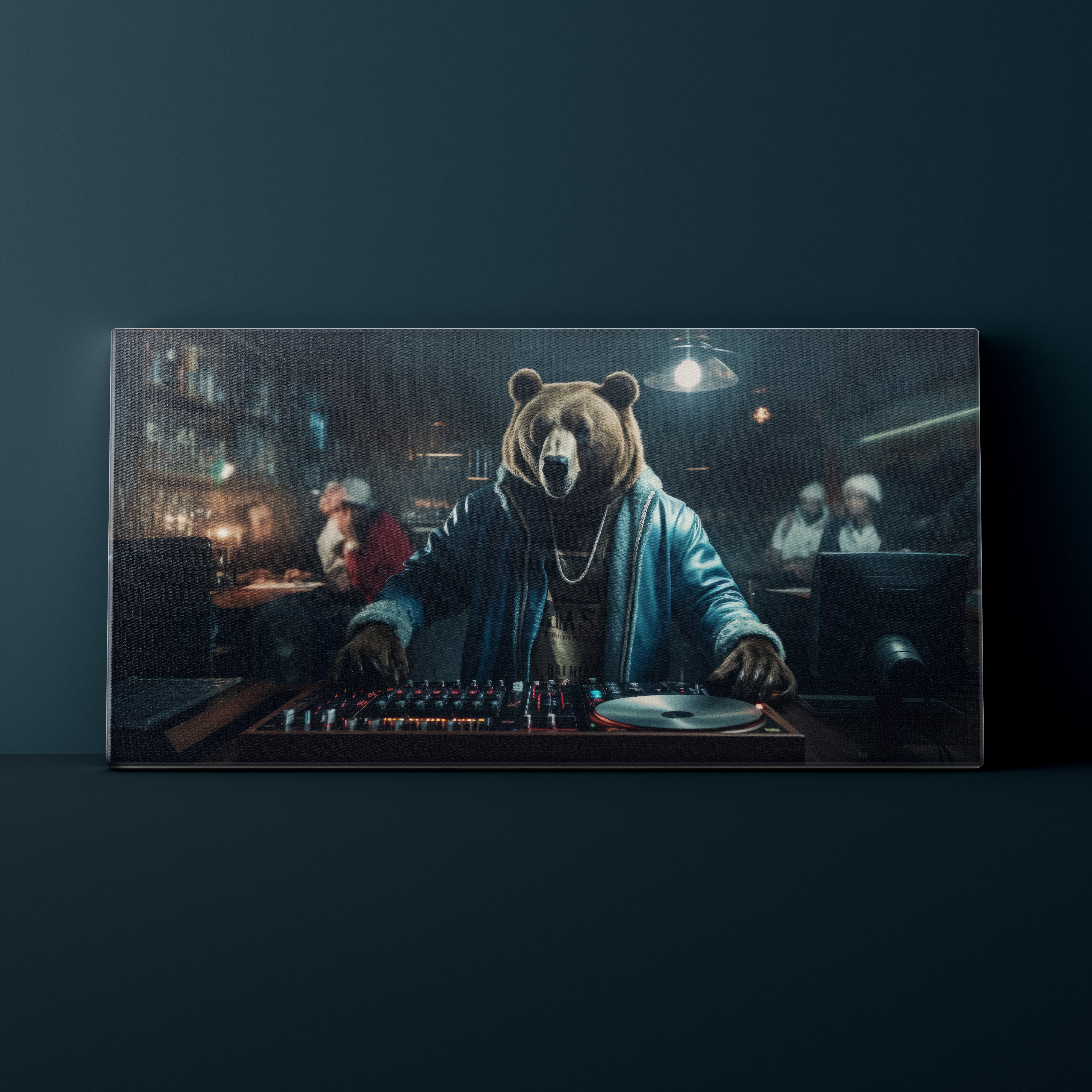 Bear DJing in a bar setting on a dark wall