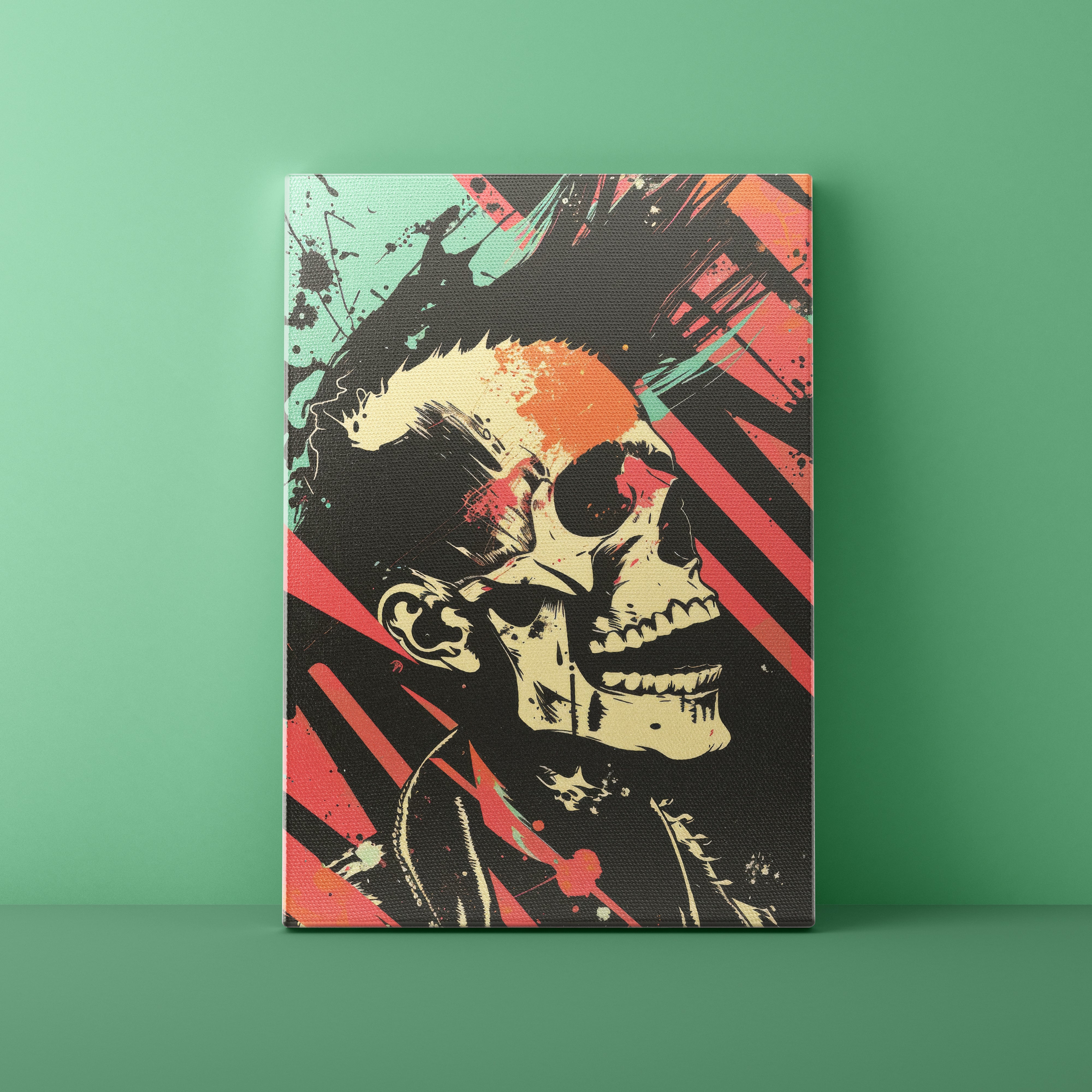 Canvas print with a stylized skull design on a green background