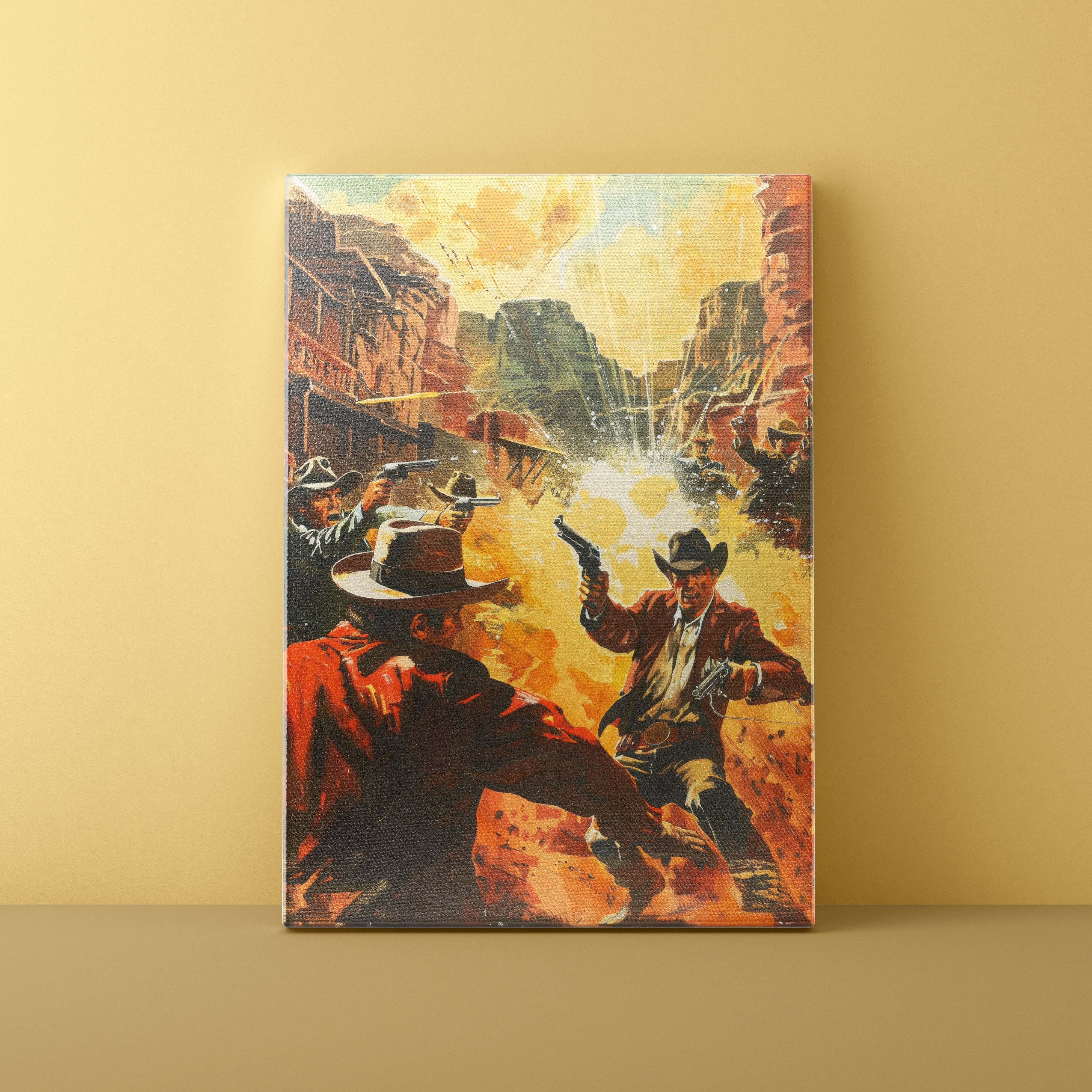 Canvas print of a Western scene with two cowboys on a yellow background