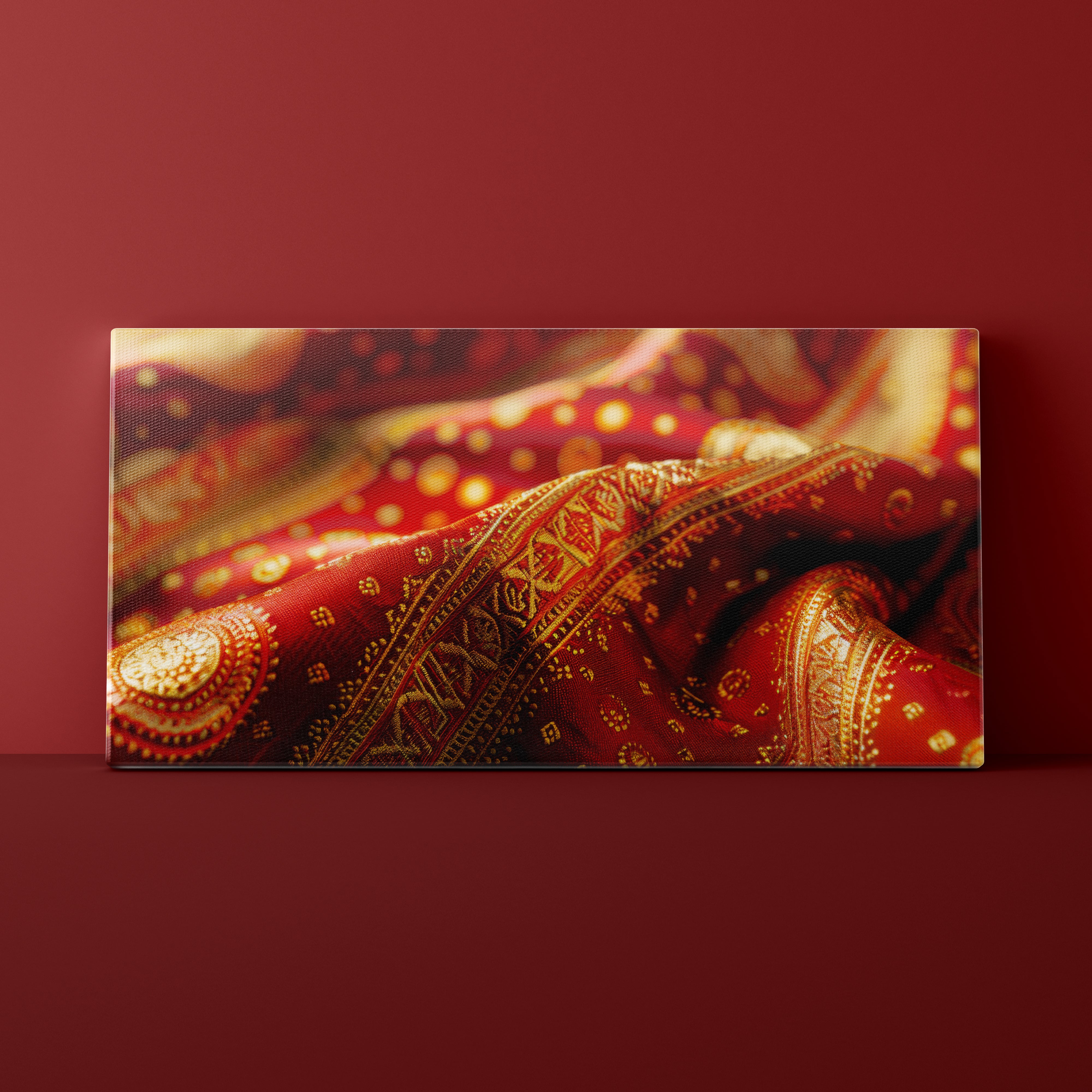 Decorative fabric with intricate patterns on a red background