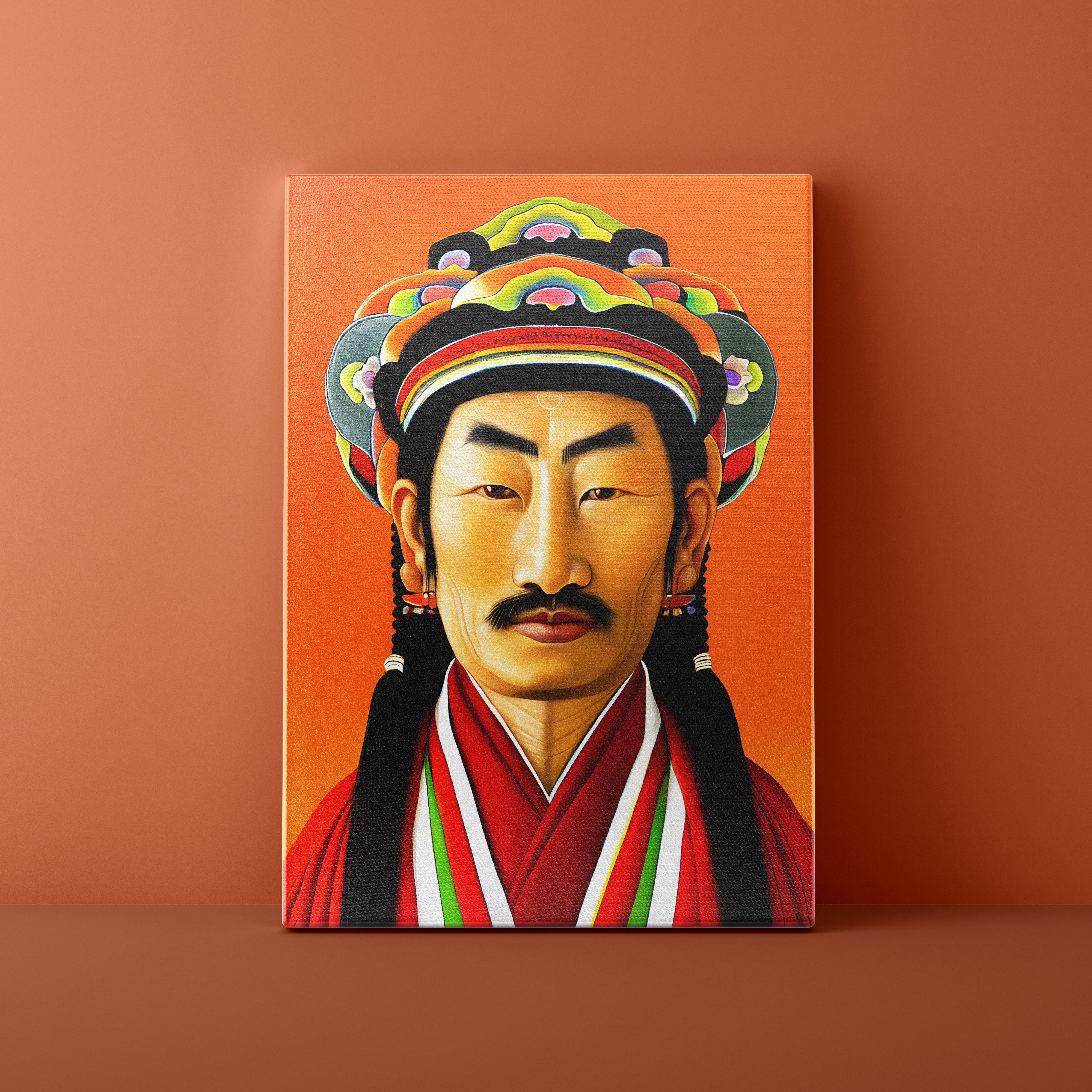 Canvas print of a traditional figure with a colorful headdress on an orange background