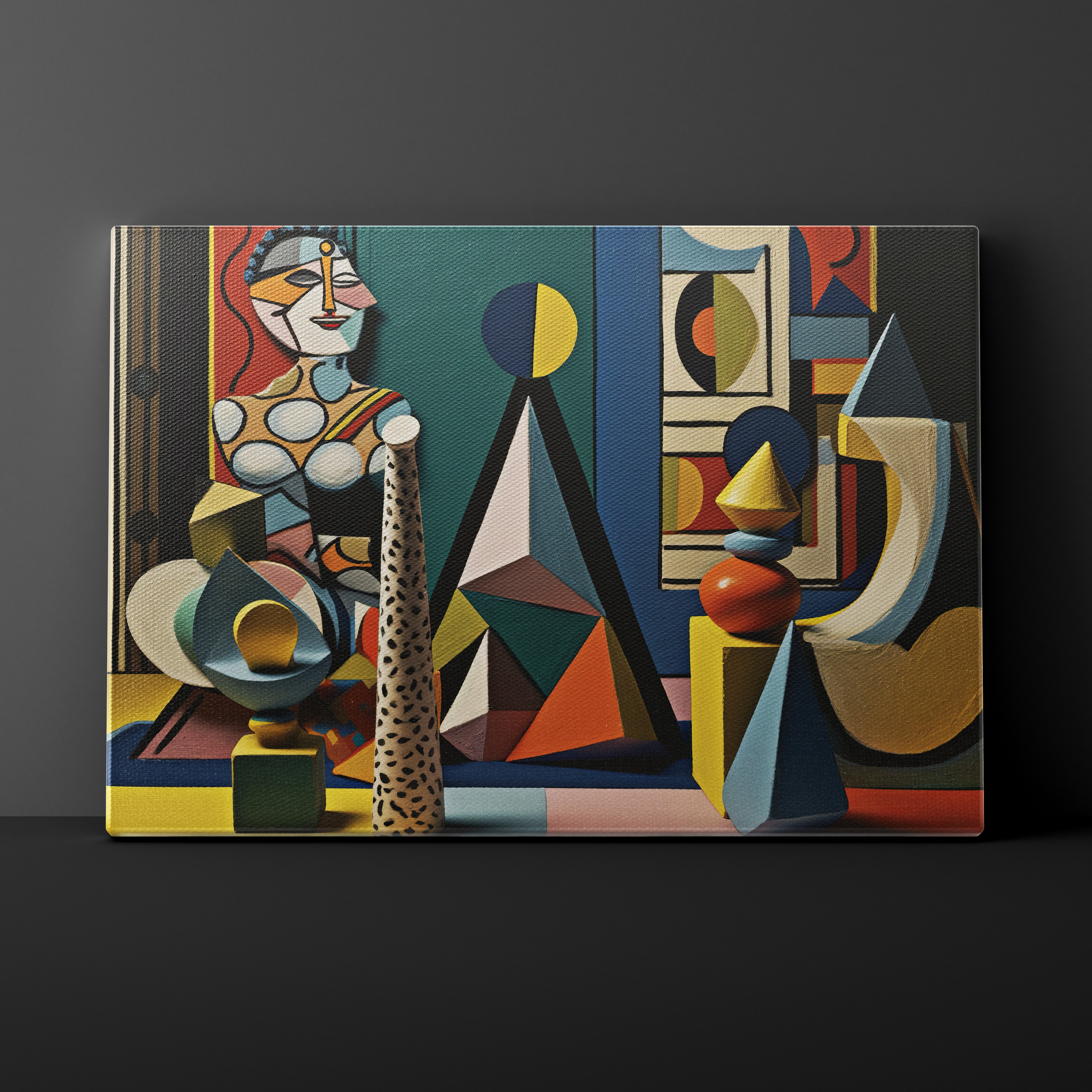 Abstract art painting with geometric shapes and vibrant colors on a dark background