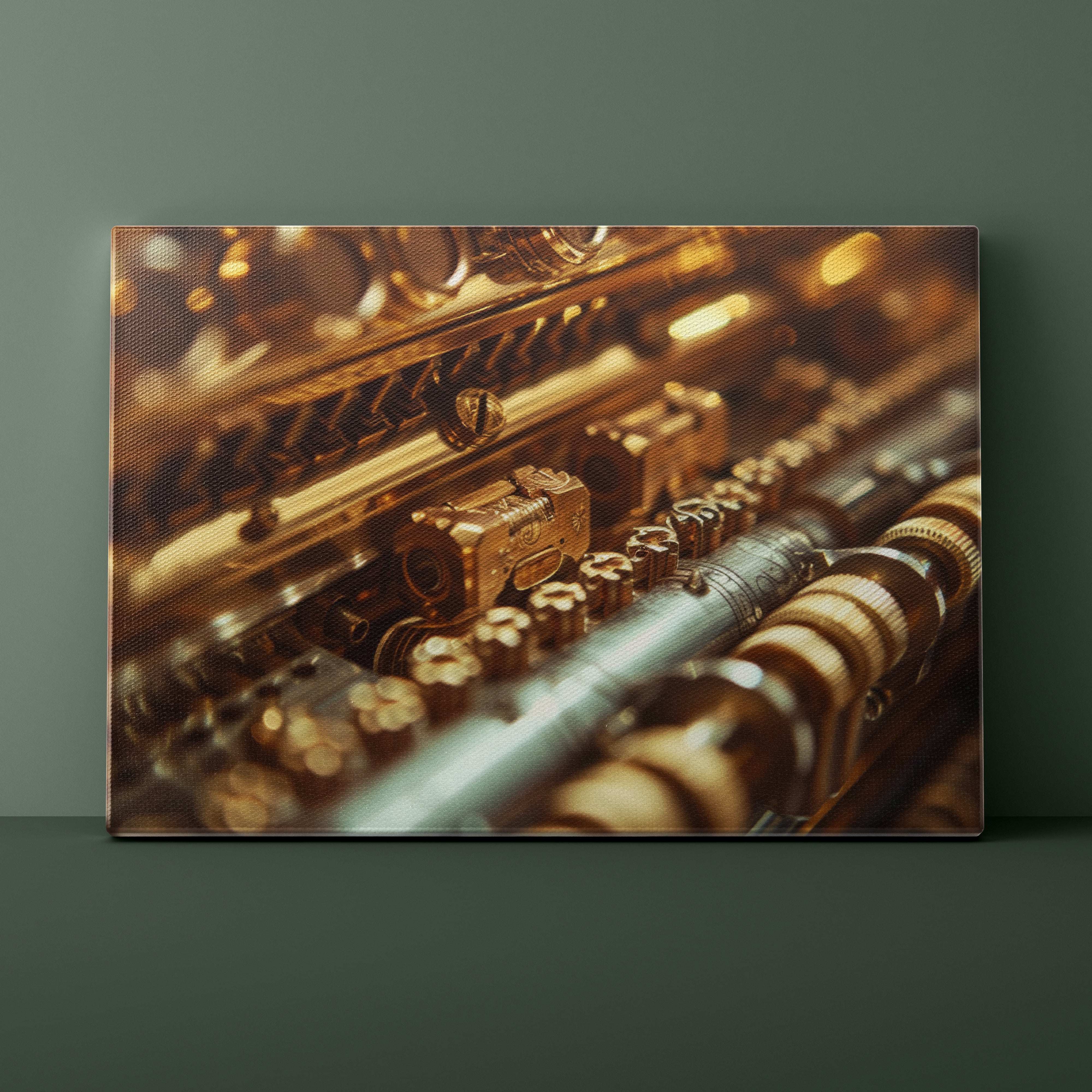 Close-up of a gold instrument on a dark green background