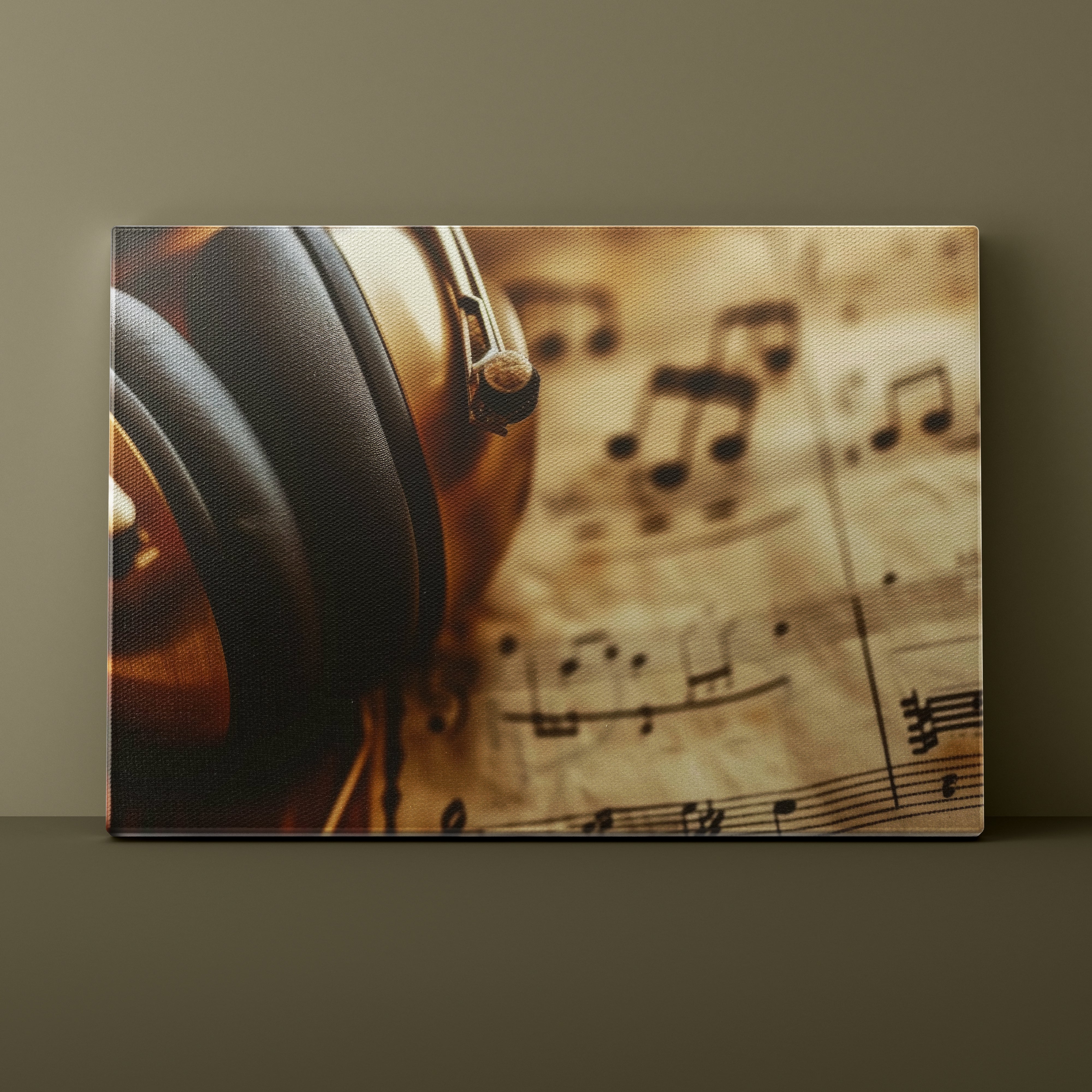 Canvas print with headphones and music sheet design on a brown background