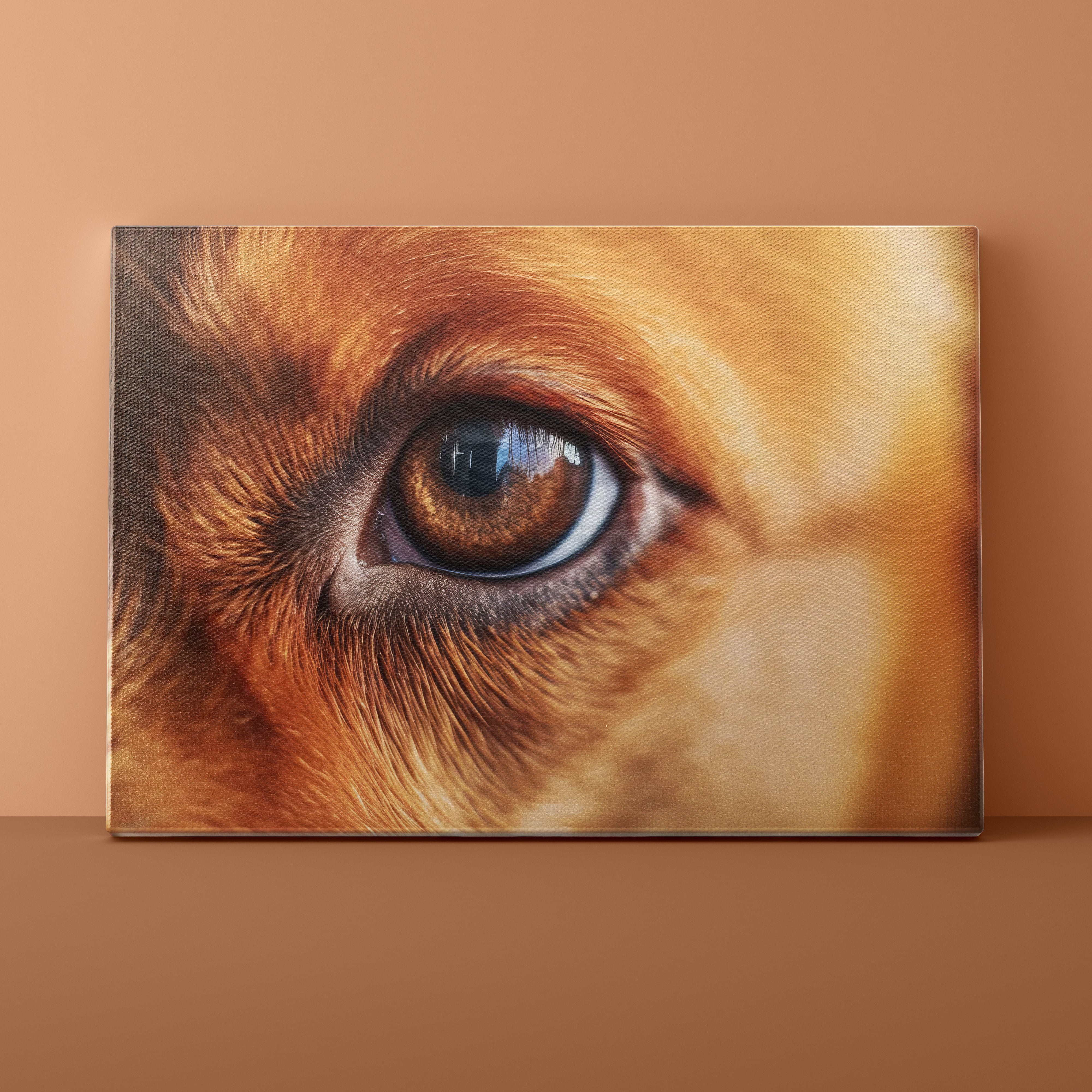 Close-up of a dog's eye on a beige background