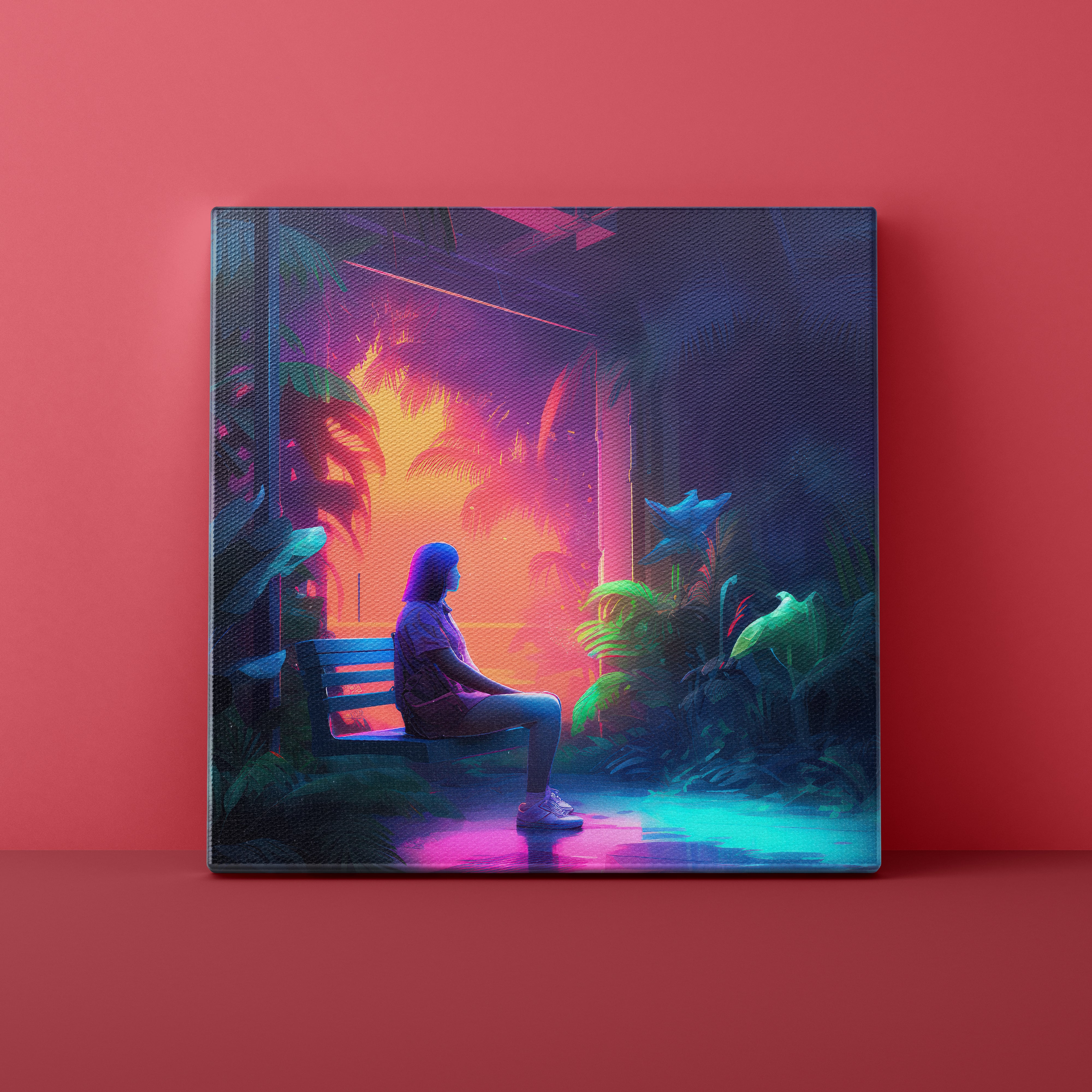 Person sitting on a bench in a futuristic, neon-lit garden with a red wall.