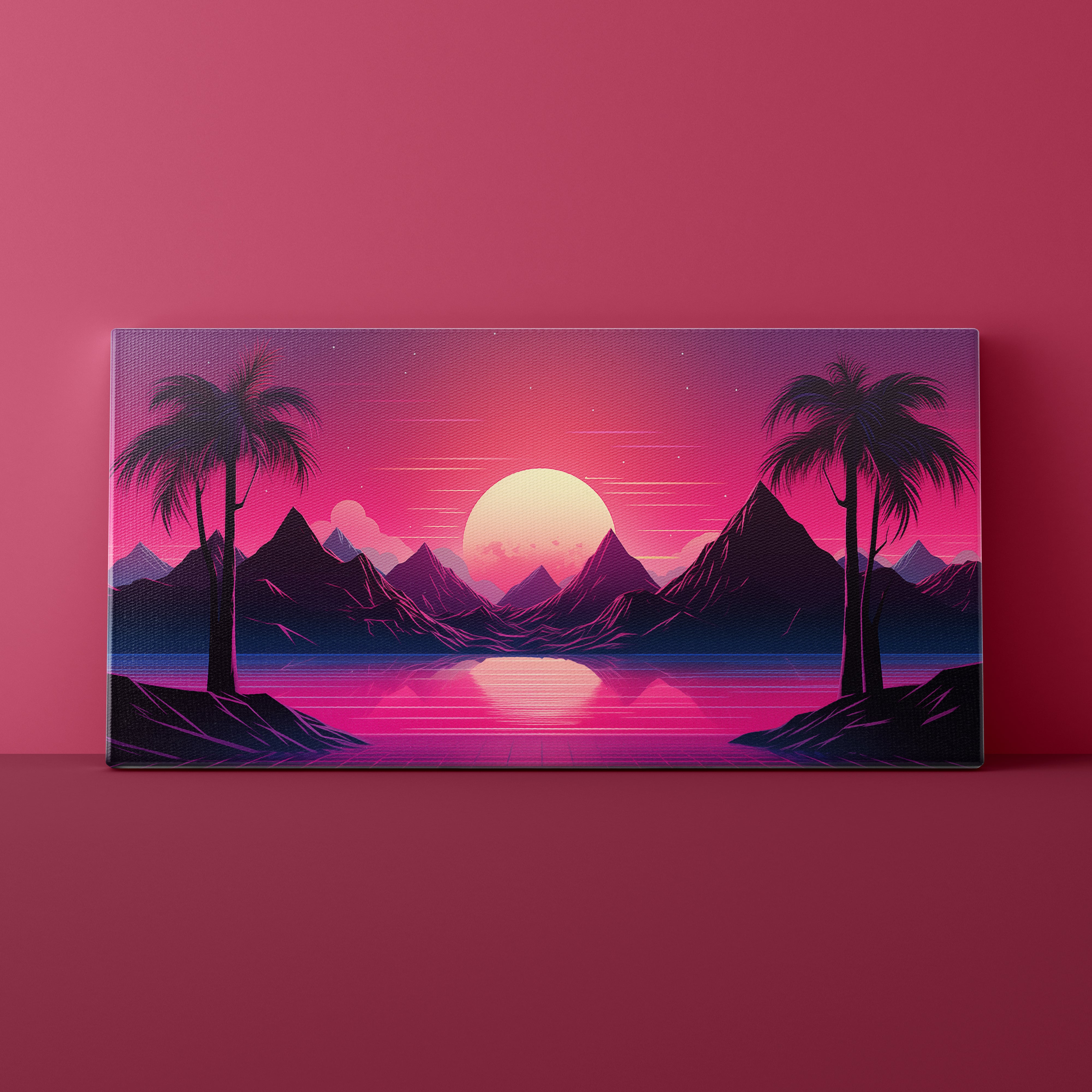 Canvas print of a futuristic landscape with palm trees, mountains, and a pink sun on a red background.