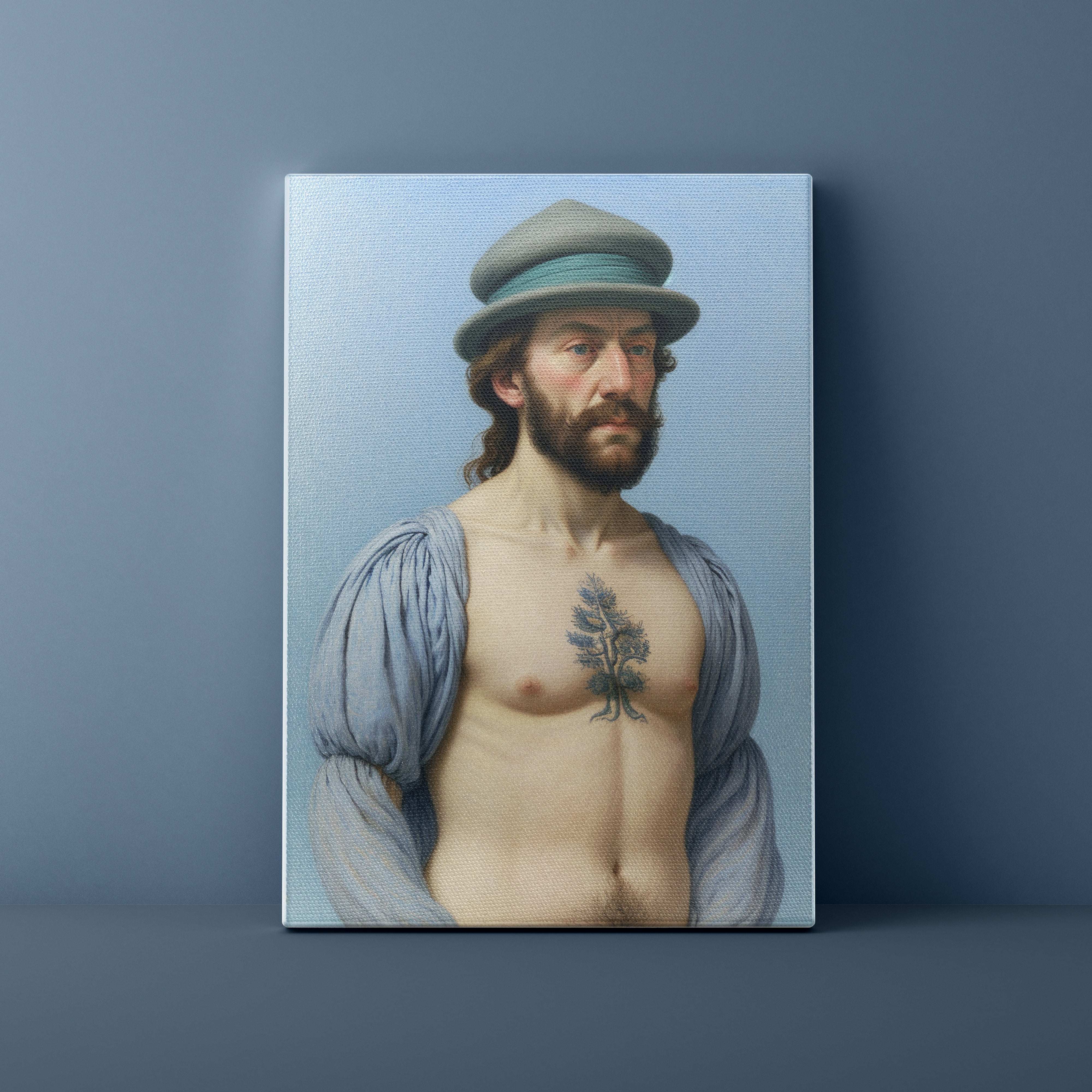 Canvas print of a man with a tattoo on his chest against a blue background