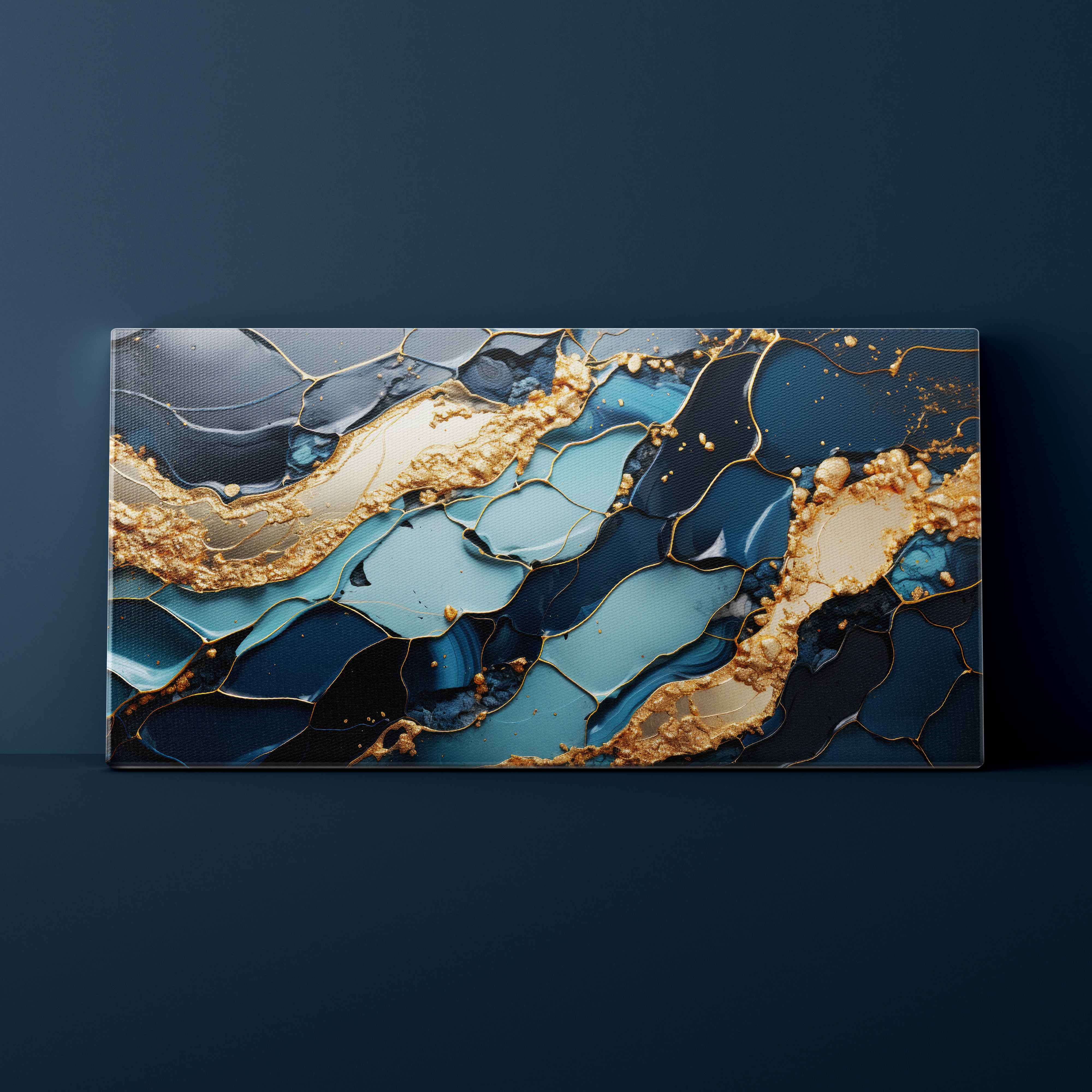Abstract art piece with blue and gold colors on a dark background