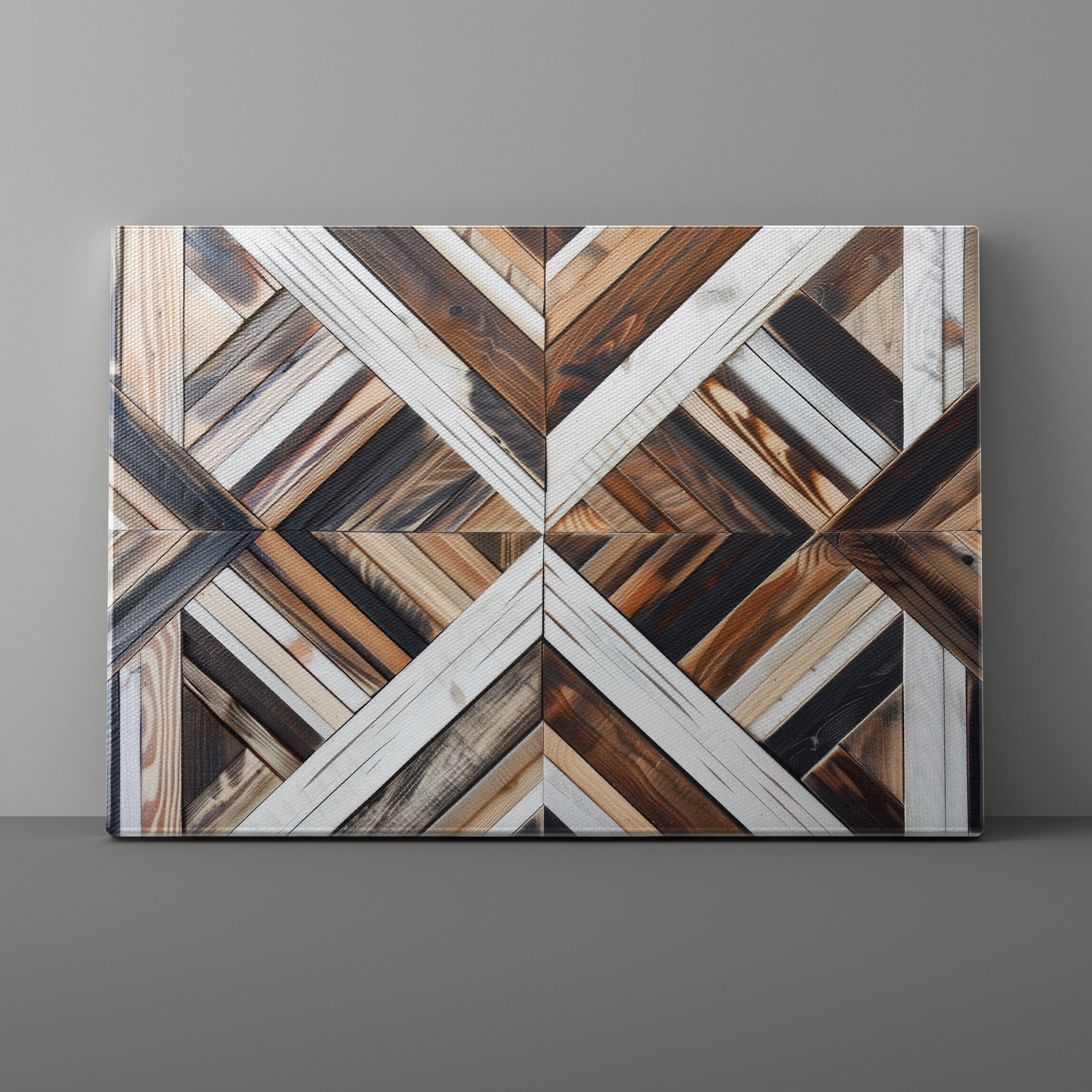 Wooden wall art with geometric pattern on a gray background