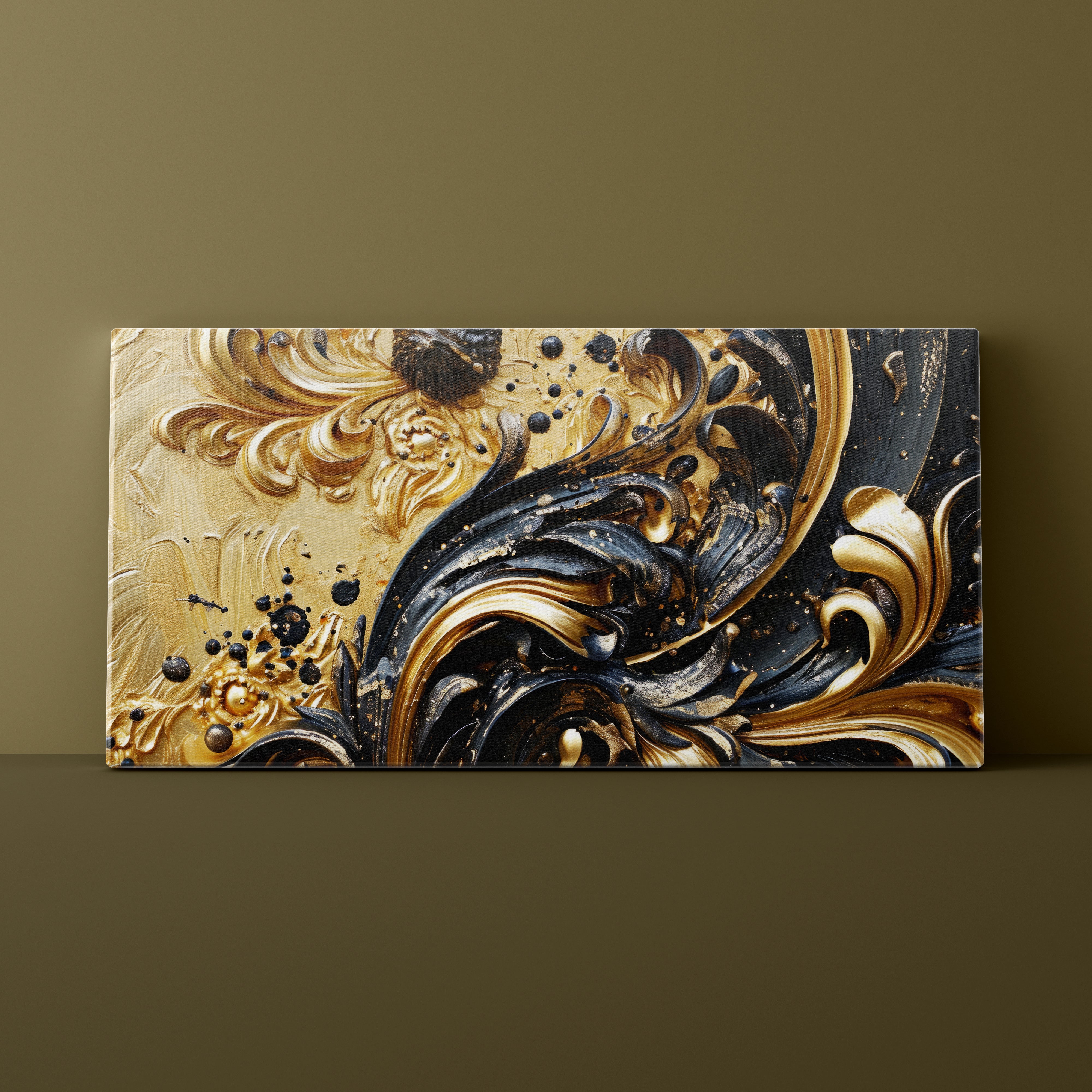 Abstract art piece with gold and black patterns on a brown background