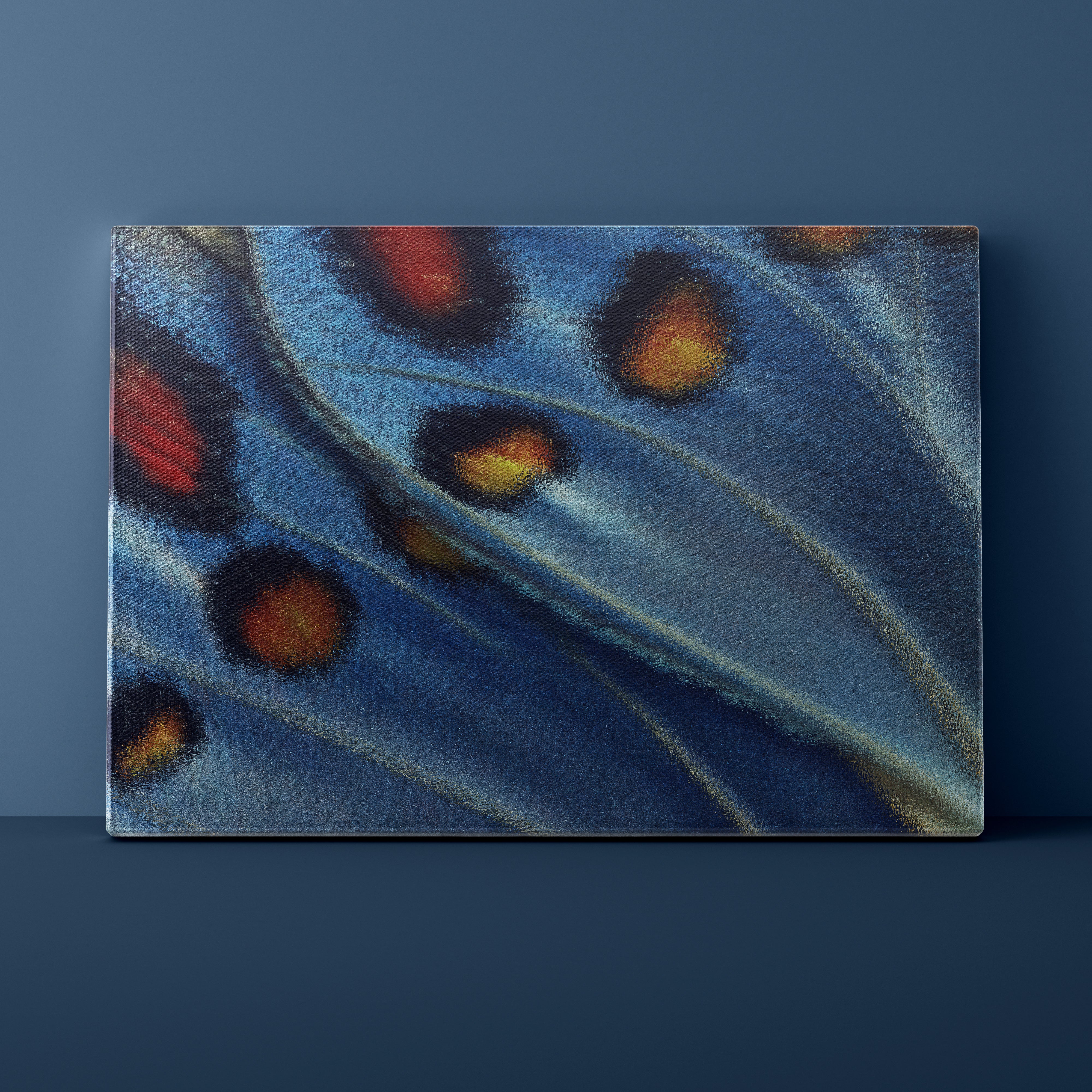 Close-up of a butterfly wing with blue, red, and yellow colors on a dark blue background