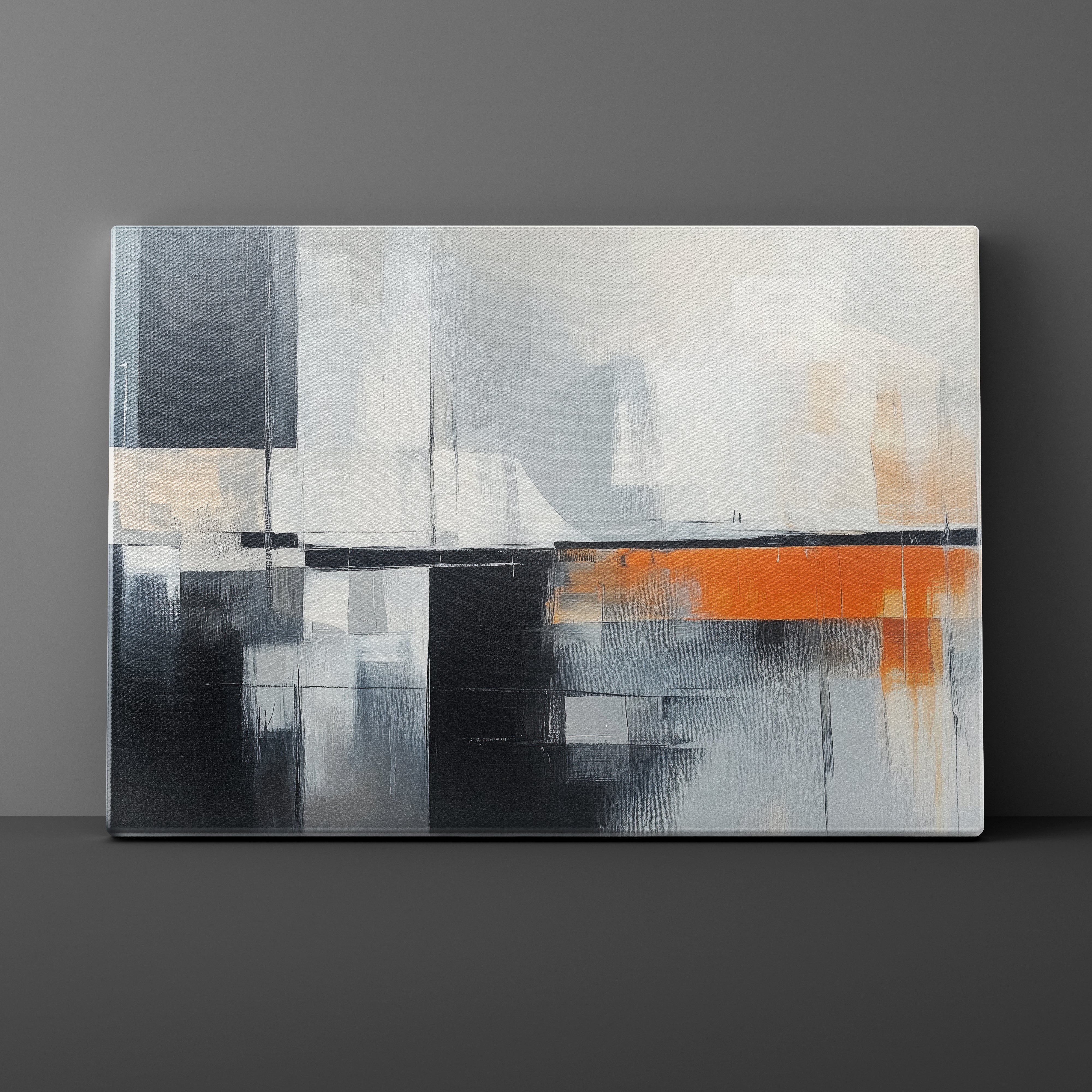 Abstract painting with orange, black, and gray on a dark gray background