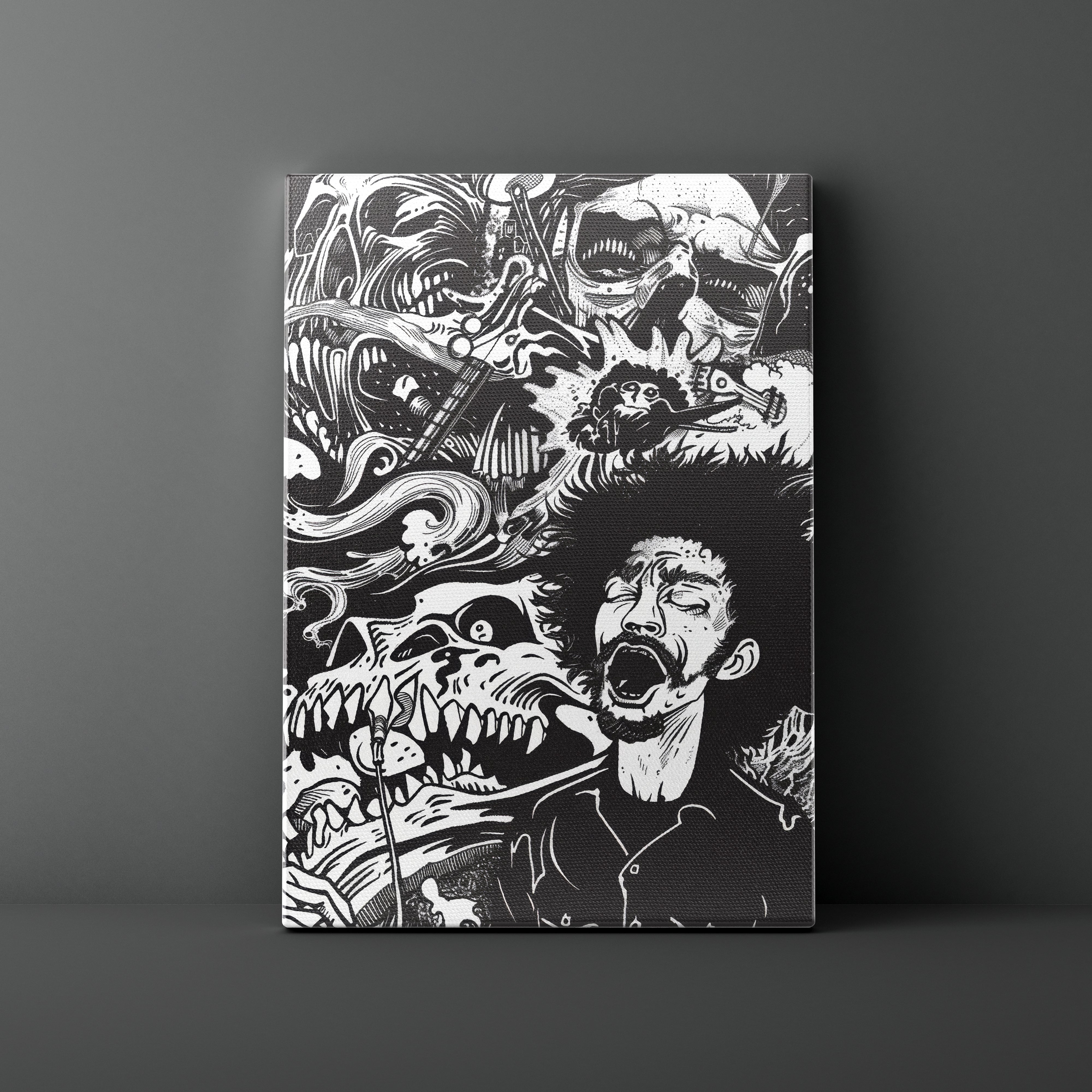 Black and white artwork of a man with various creatures on a dark background