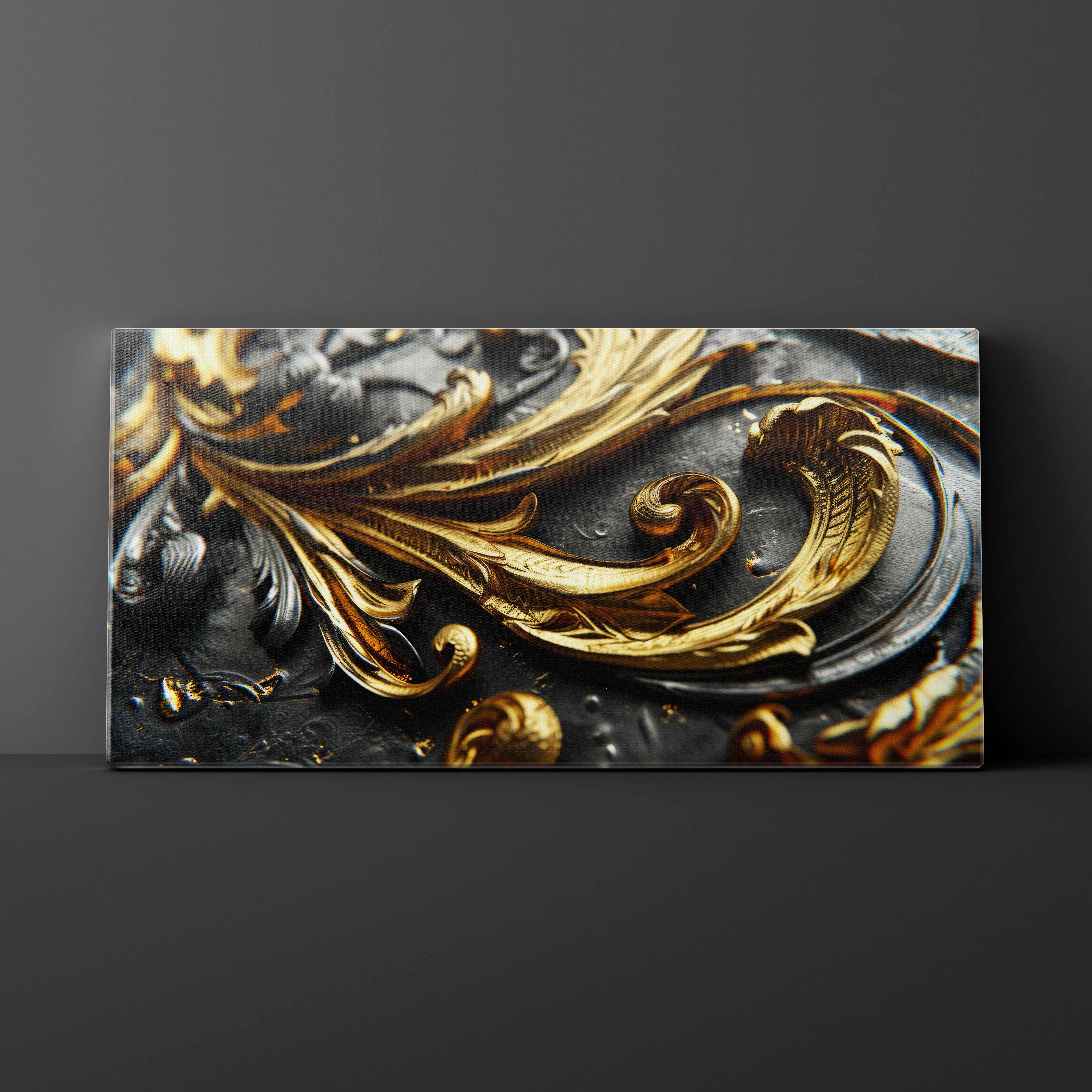 Decorative metal panel with gold and silver intricate designs on a dark background