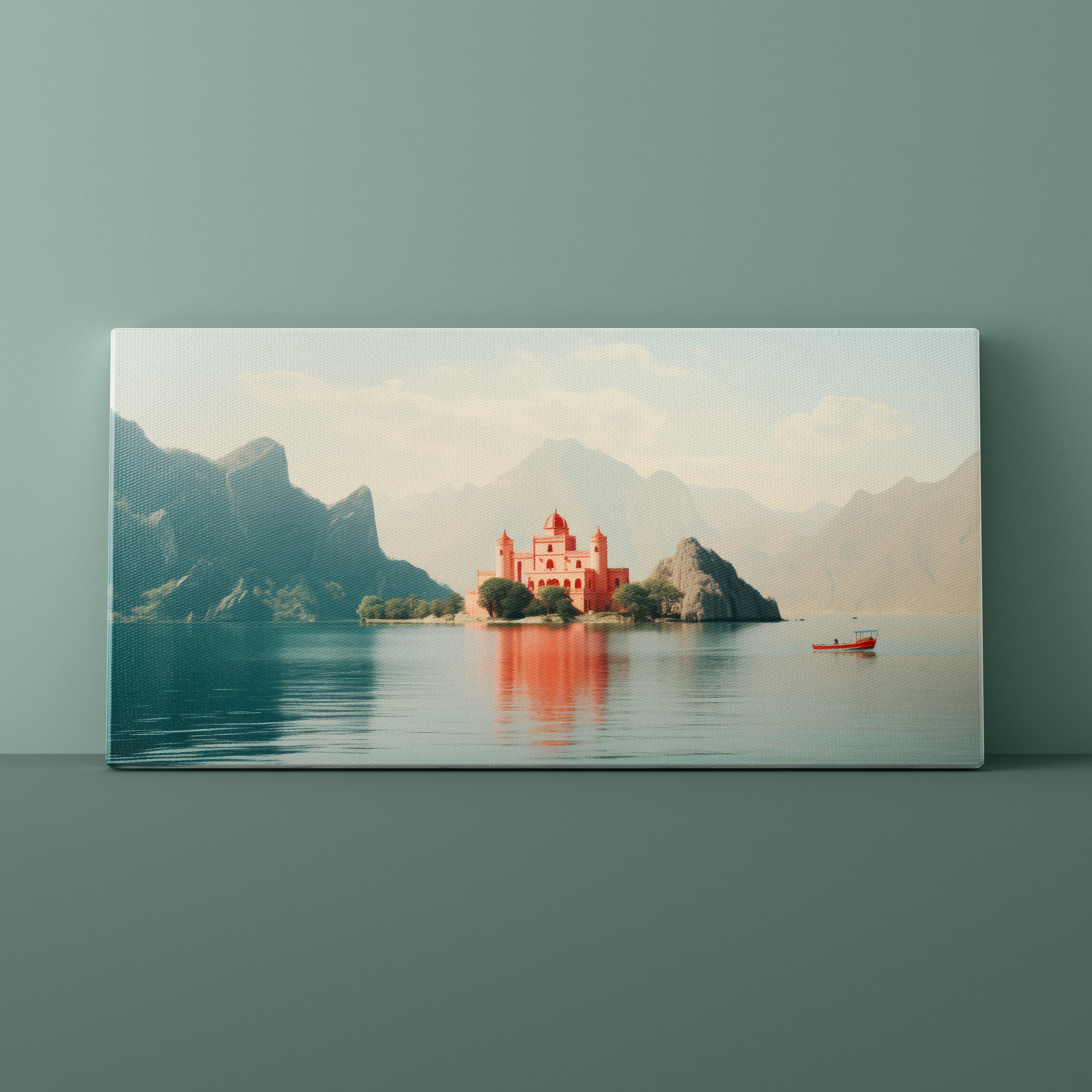 Canvas print of a scenic landscape with a red building, lake, and mountains on a green wall.