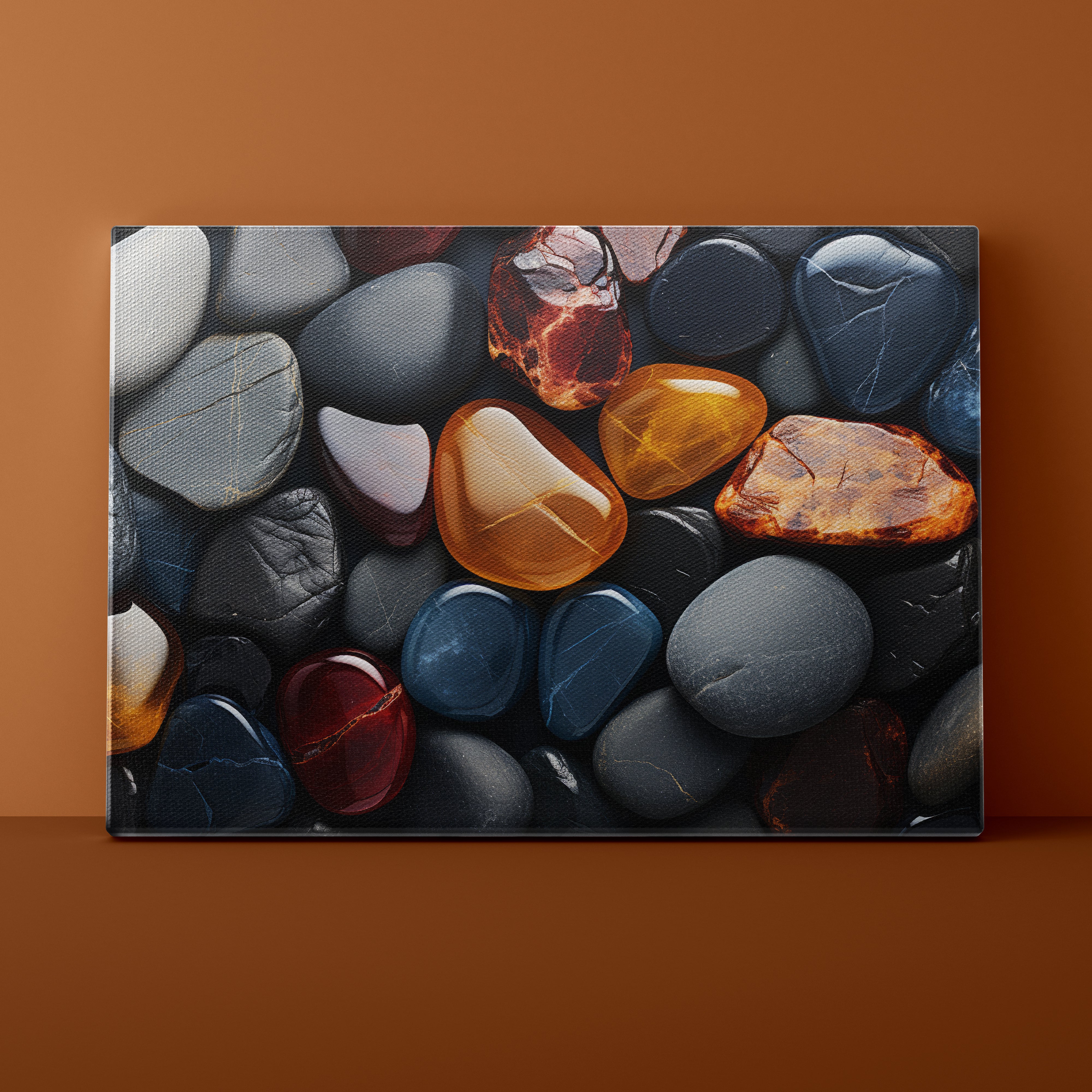 Canvas print of multicolored stones on a brown background