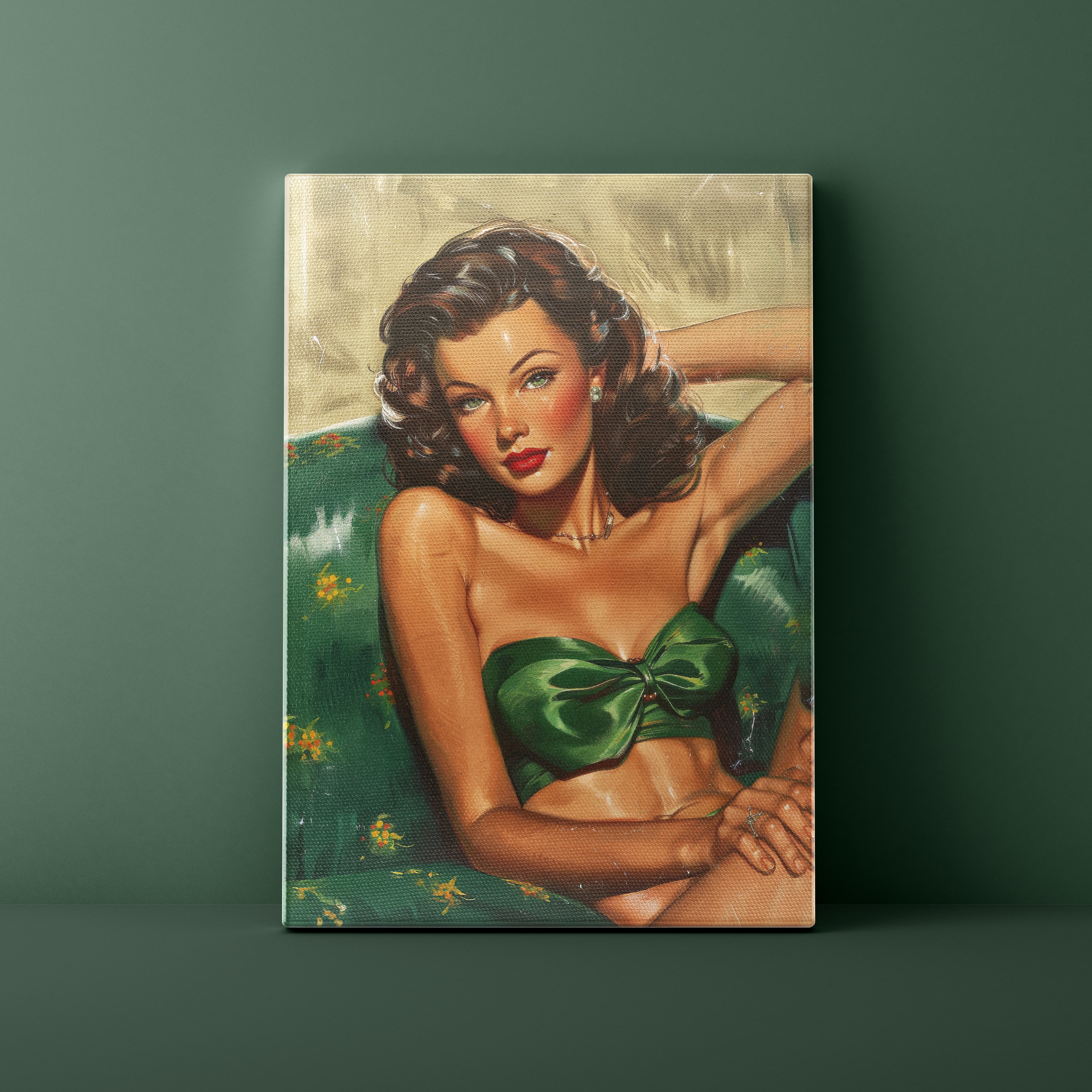 Canvas print of a woman in a green dress against a green background