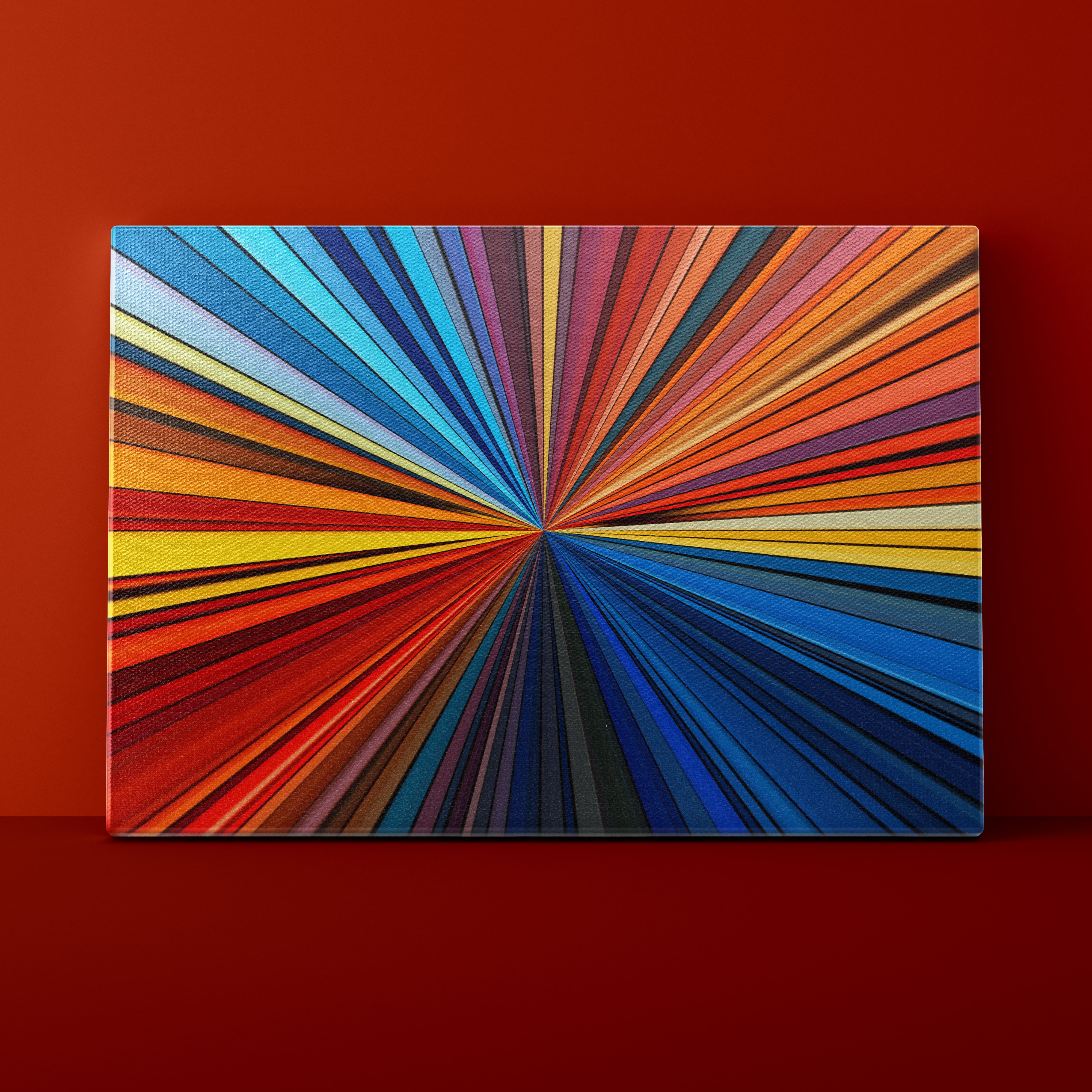 Colorful abstract art piece on a red background