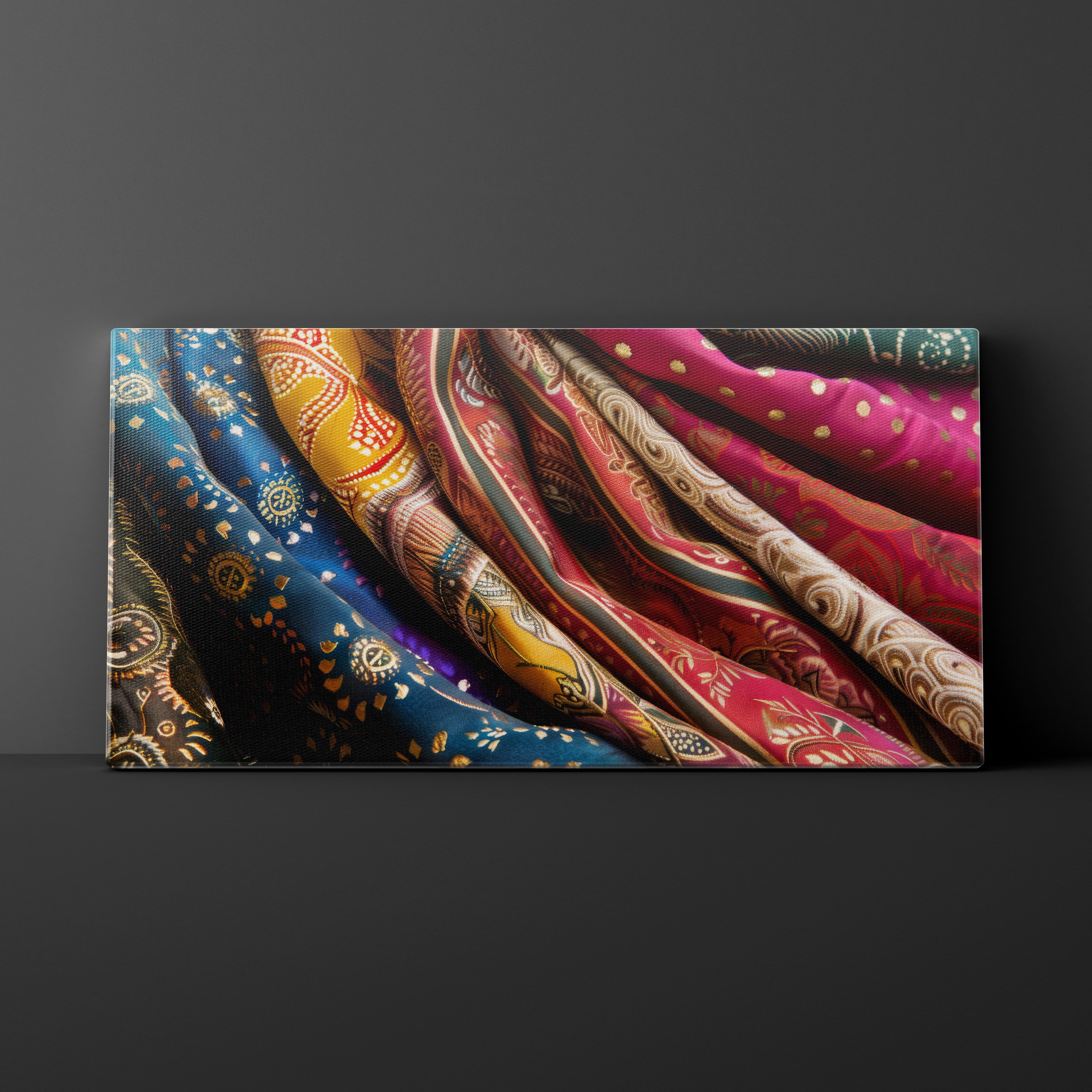 Colorful fabric with intricate patterns on a dark background