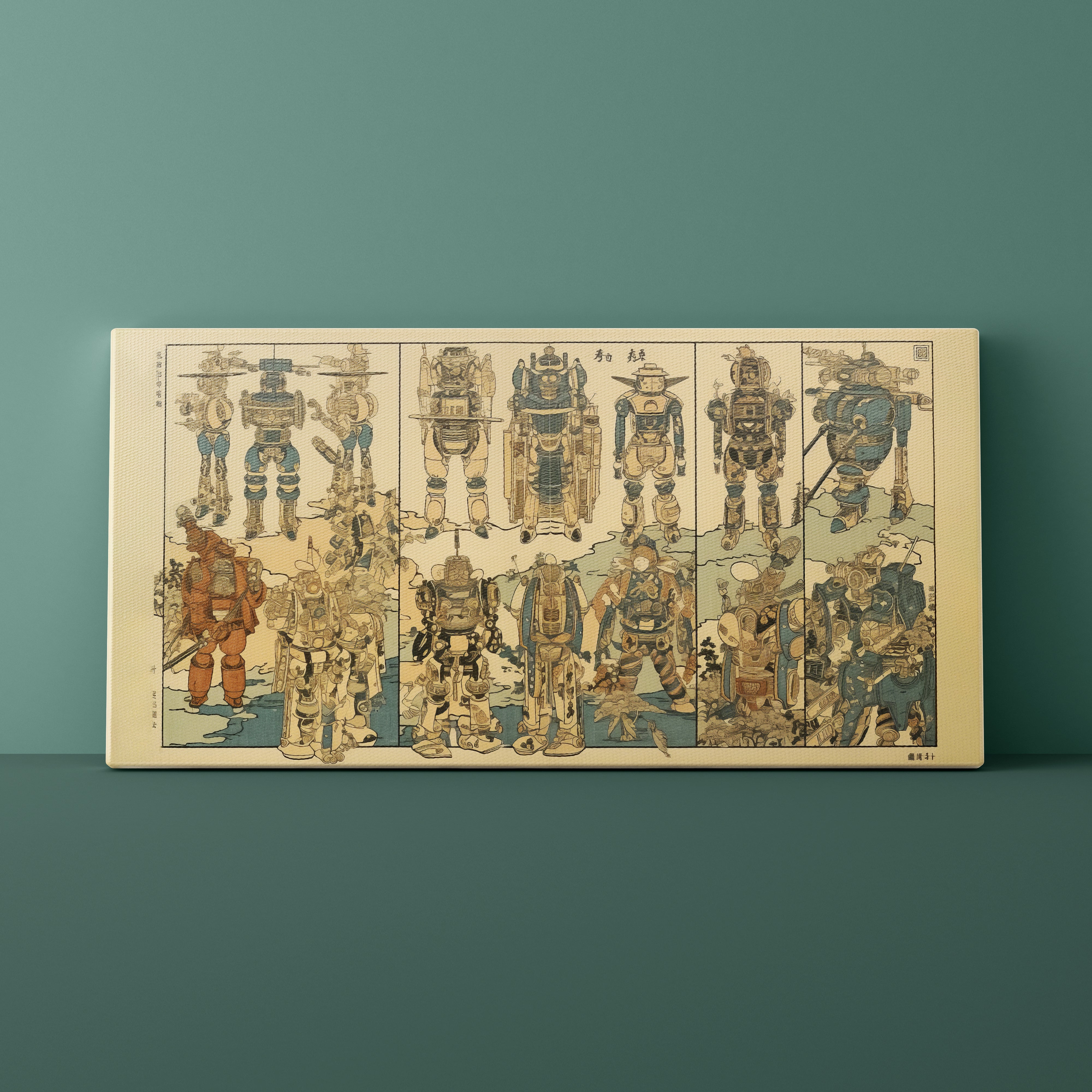Wooden puzzle box with robot illustrations on a green background