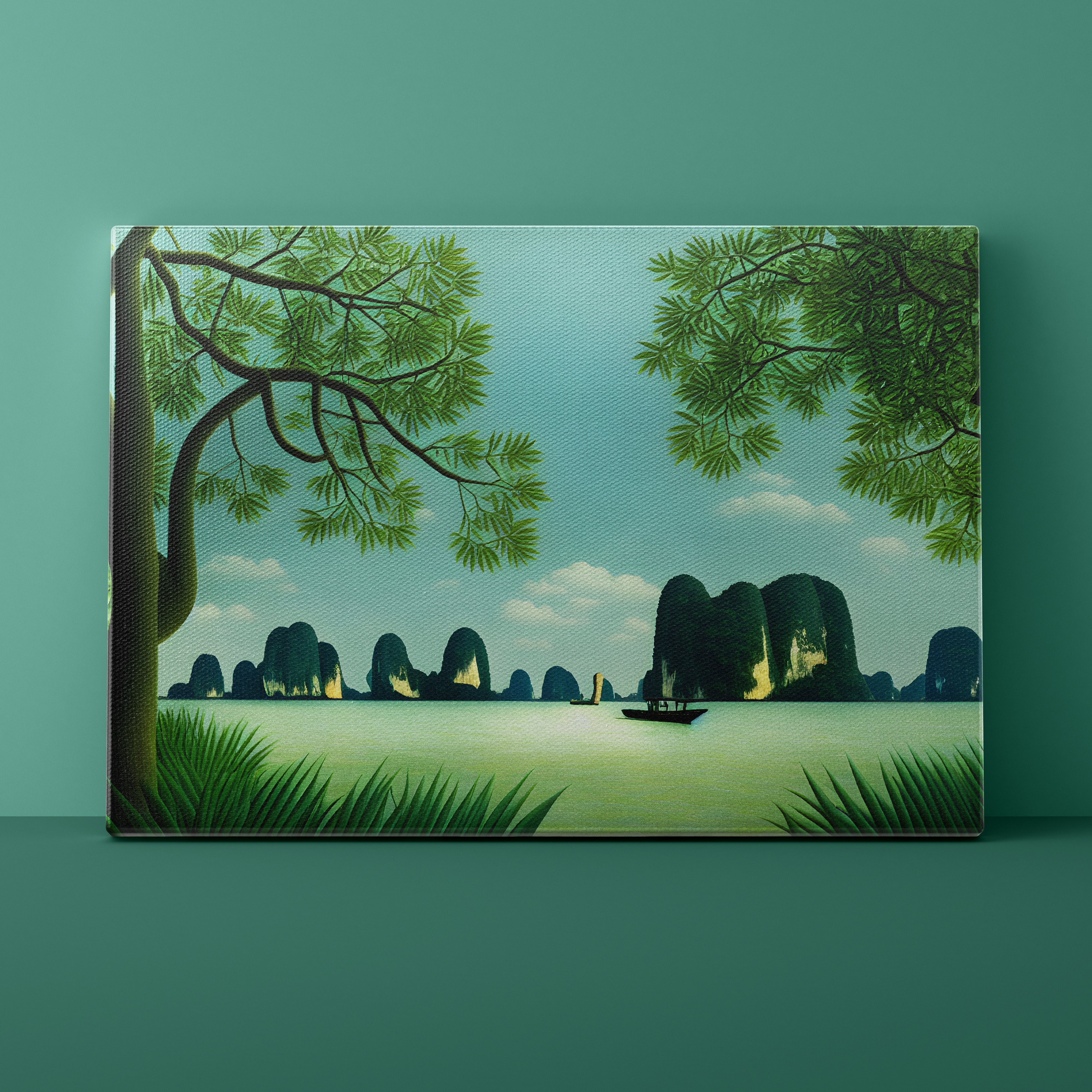 Landscape with trees, mountains, and a boat on water