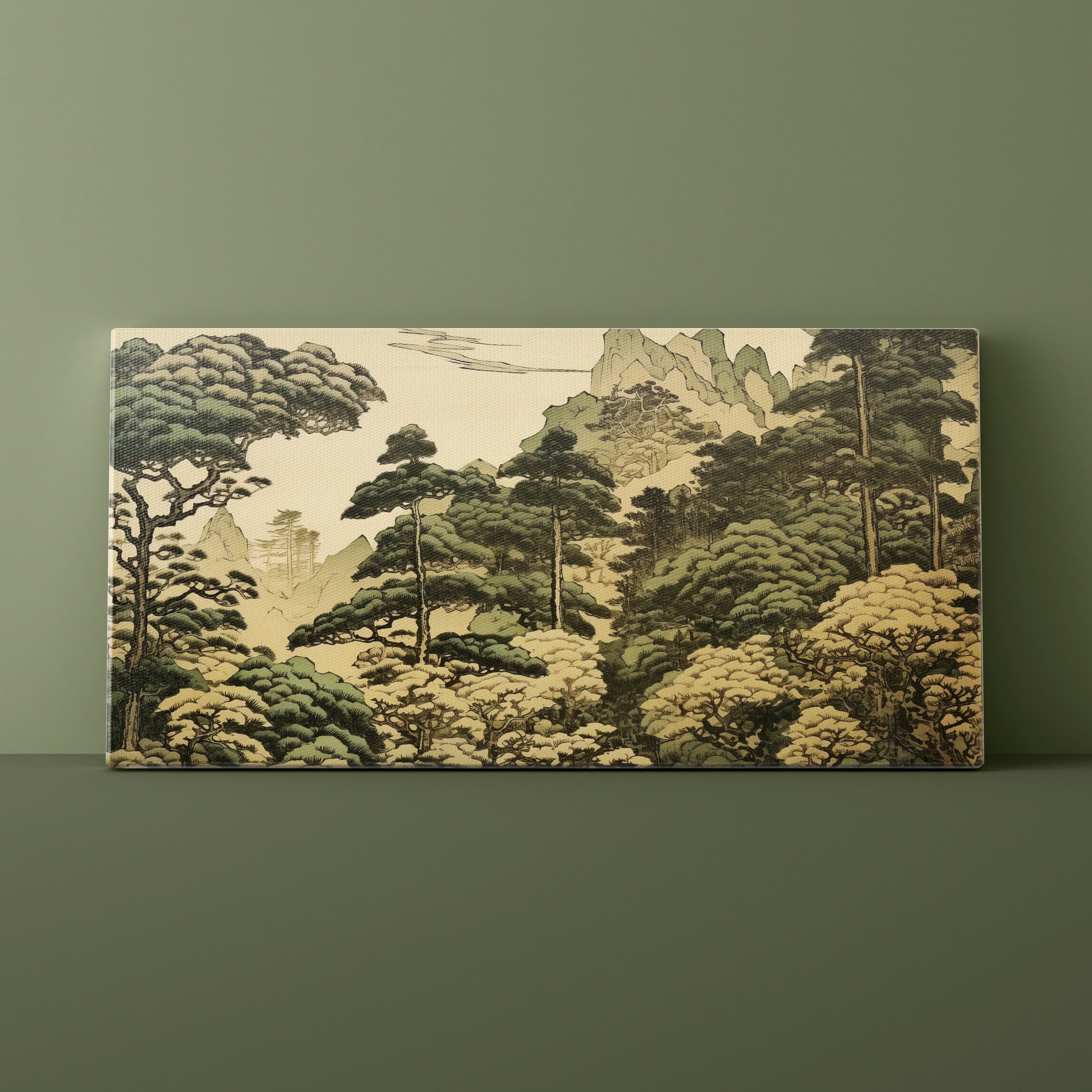 Canvas print of a forest scene with mountains on a green wall.