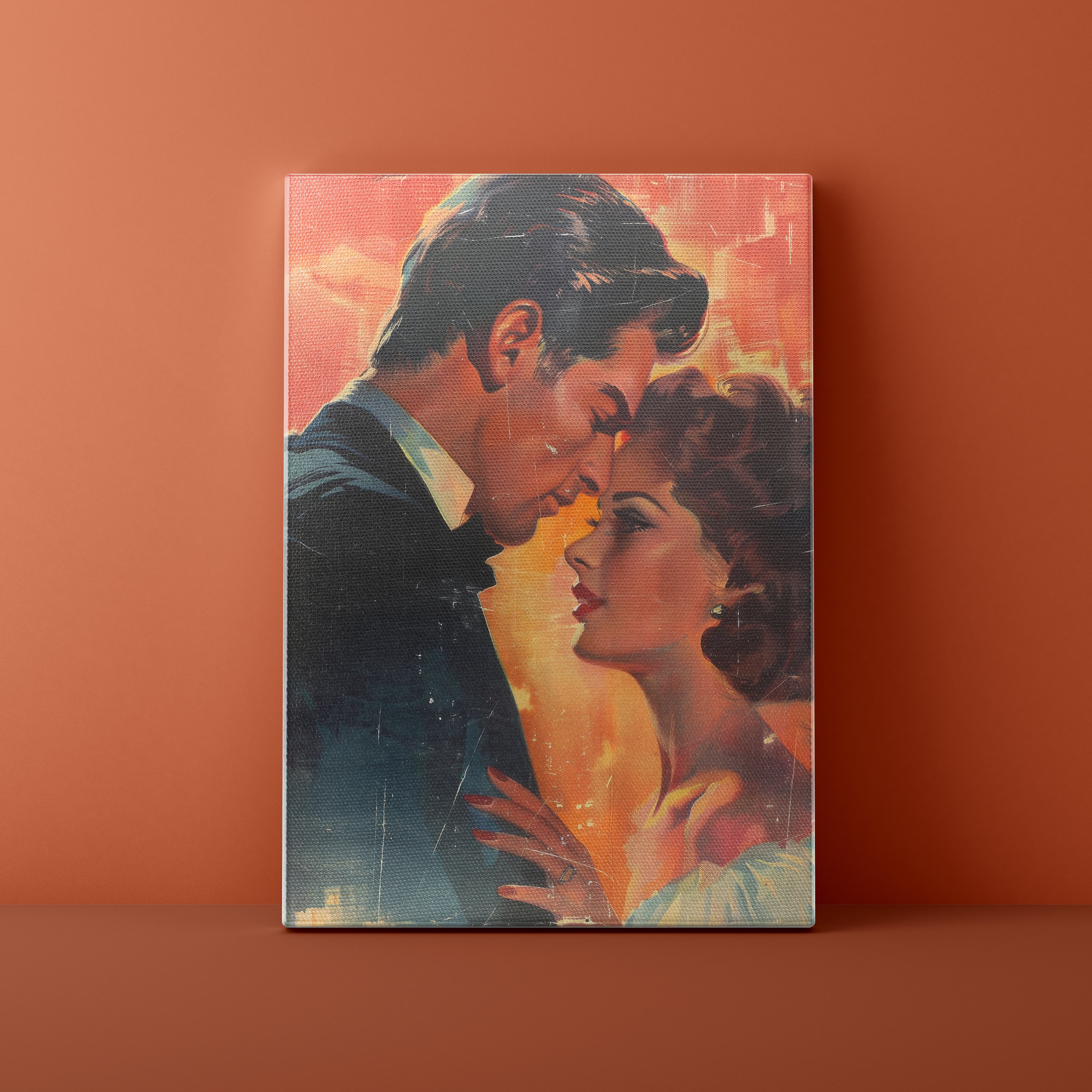 Canvas print of a romantic illustration of a couple on an orange background