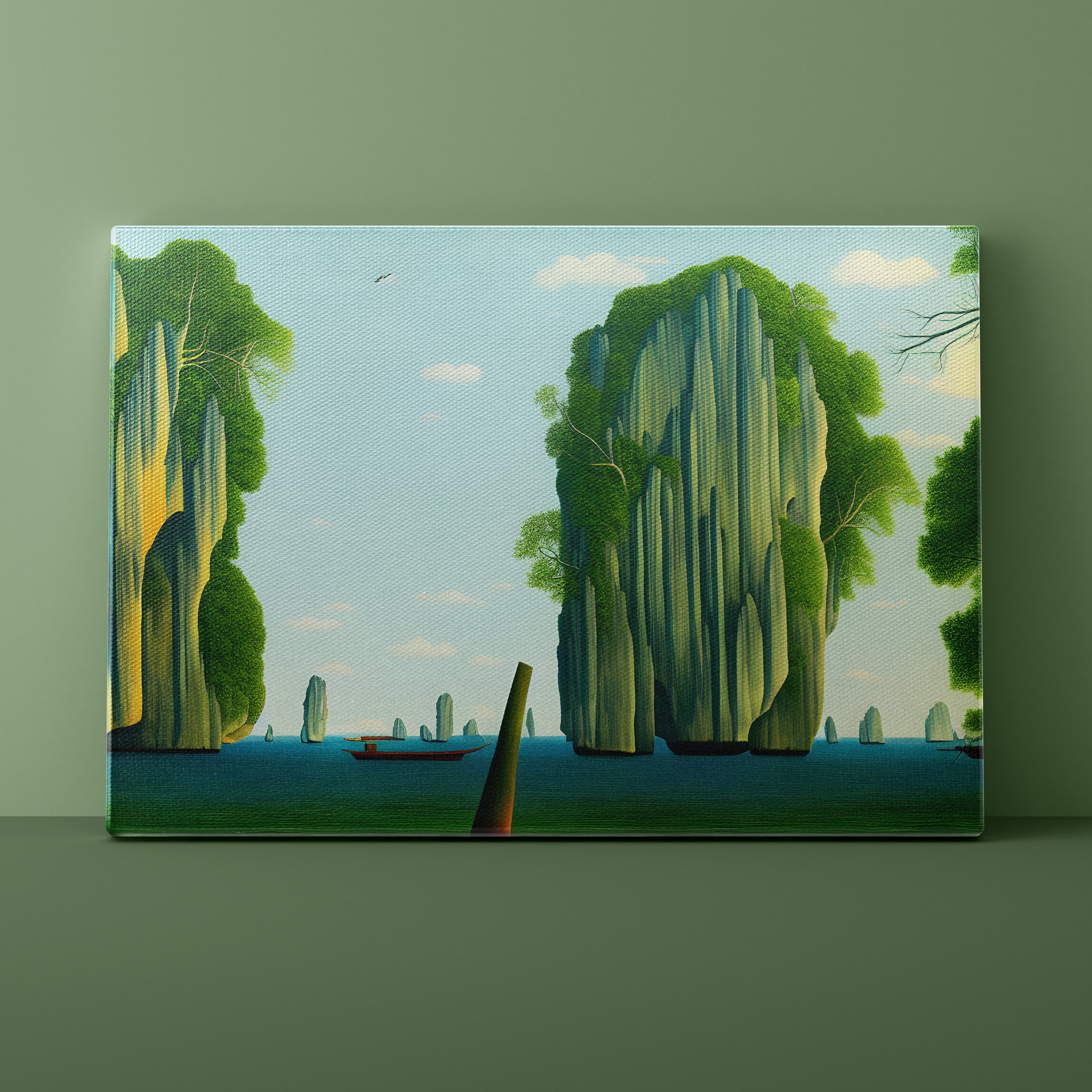Landscape with large rock formations and a boat on a body of water, inspired by René Magritte.