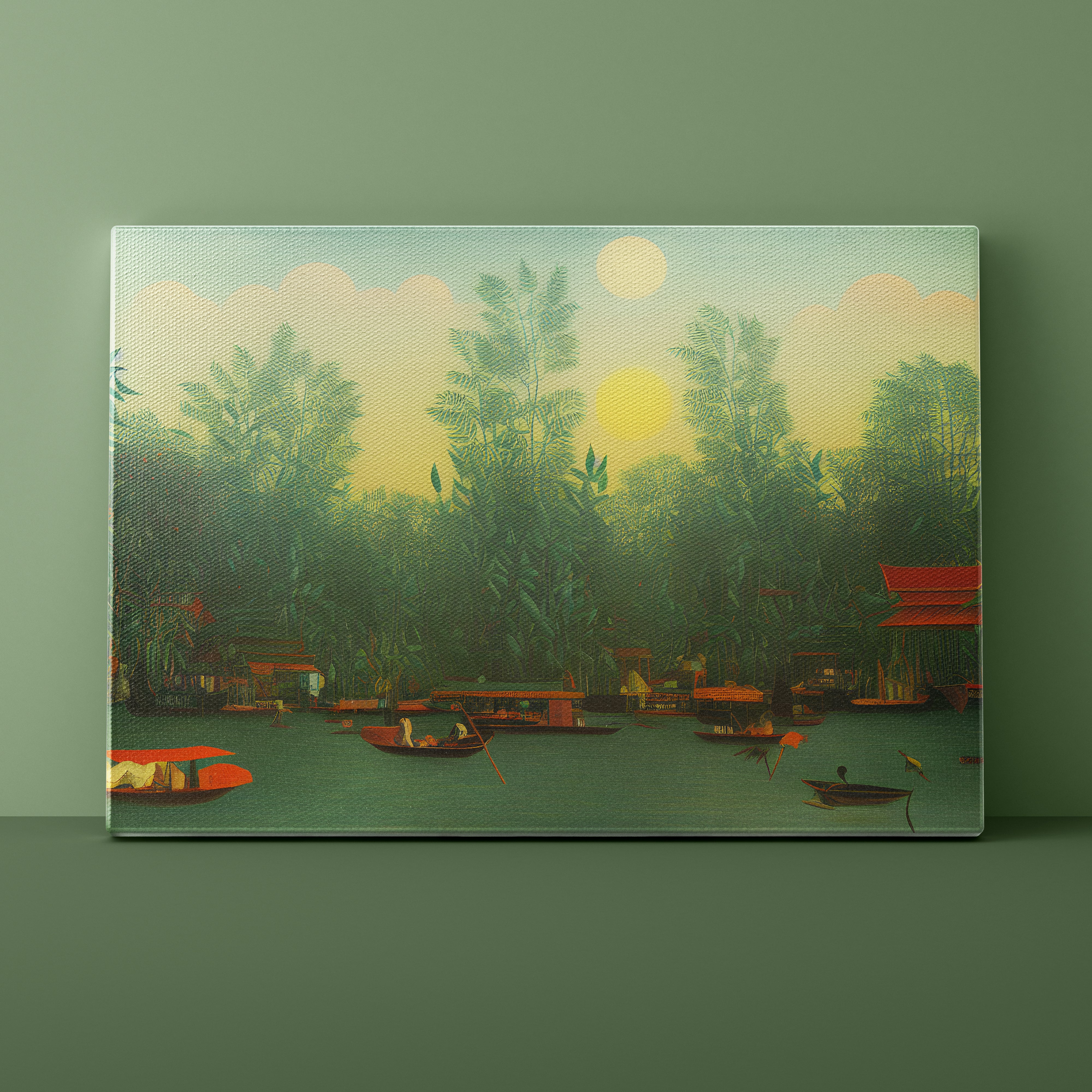 River scene with boats and a temple in a lush green landscape