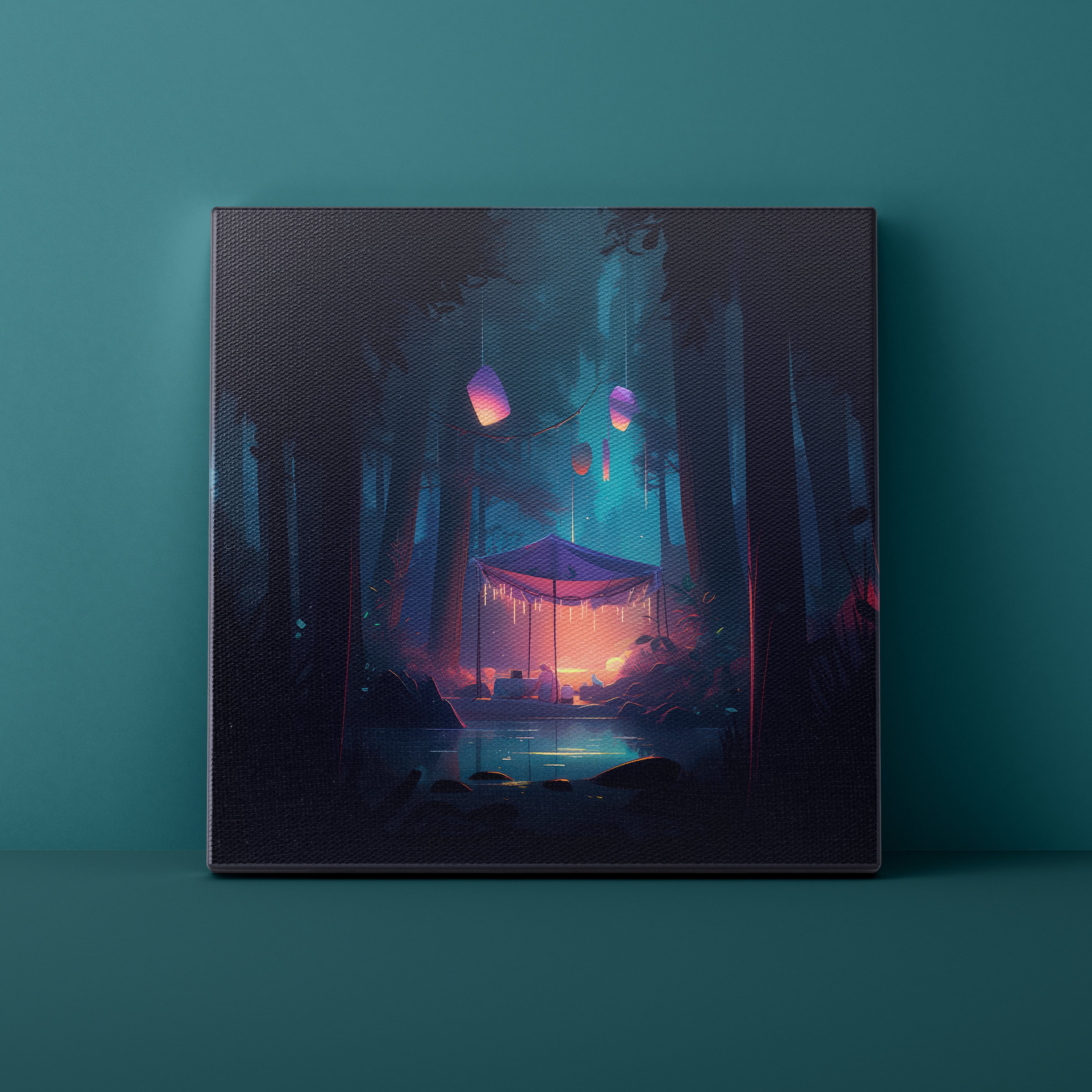 Framed artwork of a mystical forest scene with glowing lanterns and a glowing structure.