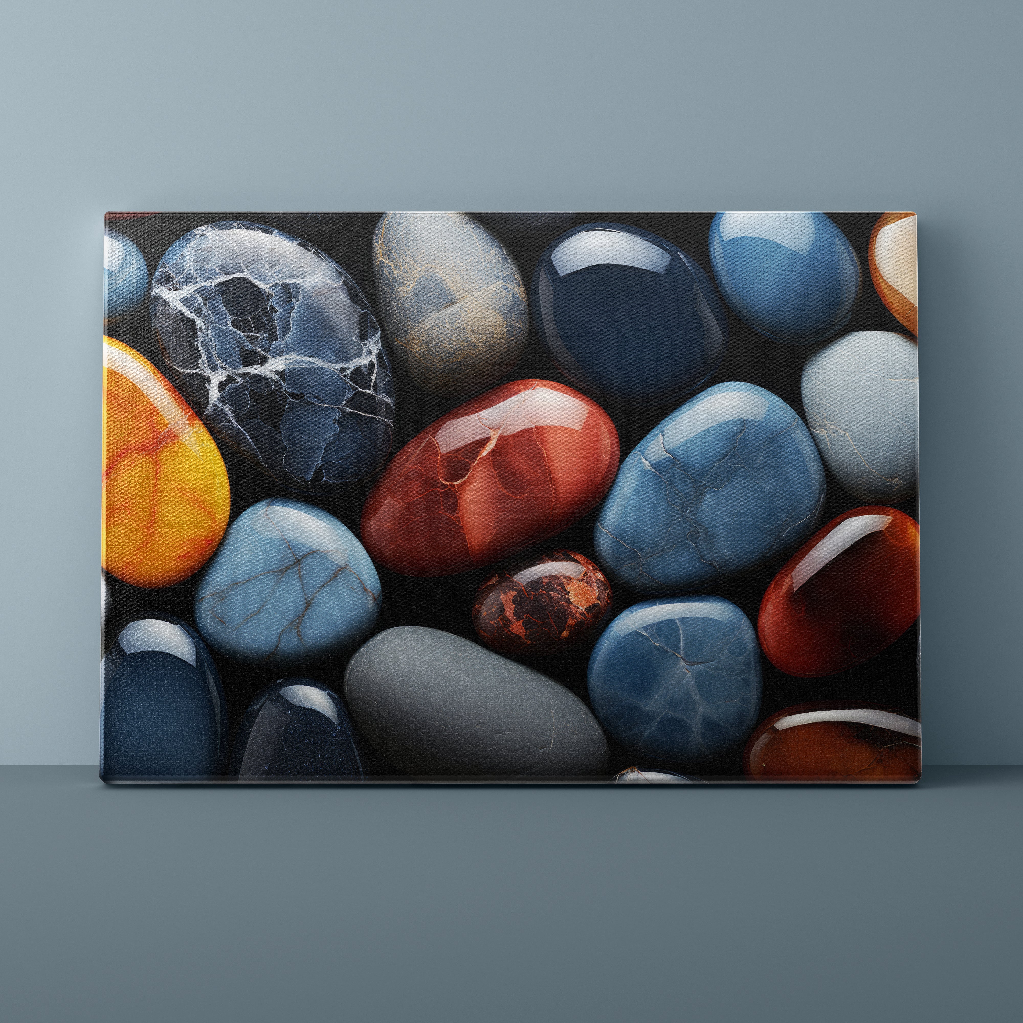 Canvas print of colorful stones against a gray wall