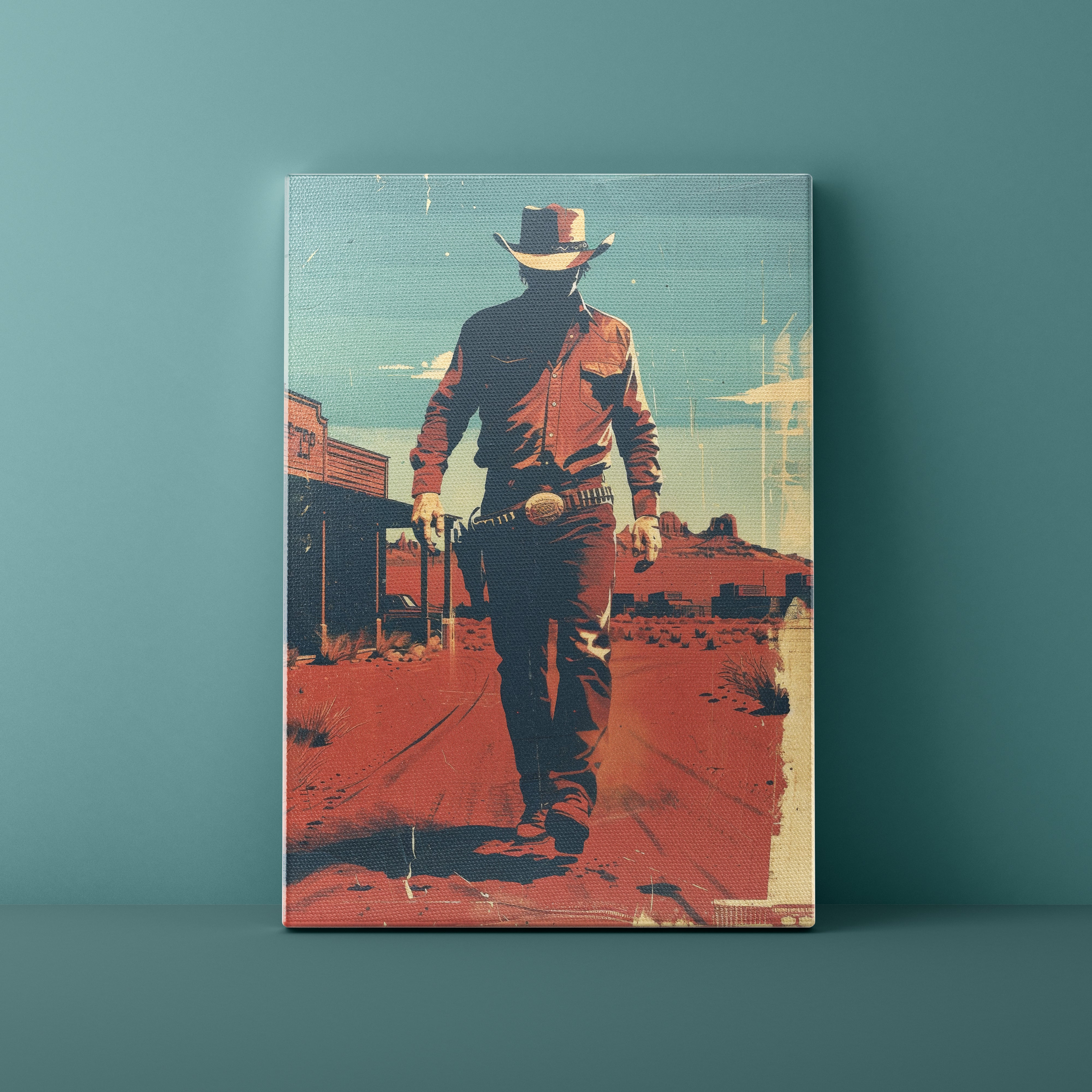 Canvas print of a cowboy walking on a dirt road with a western town in the background, against a teal wall.