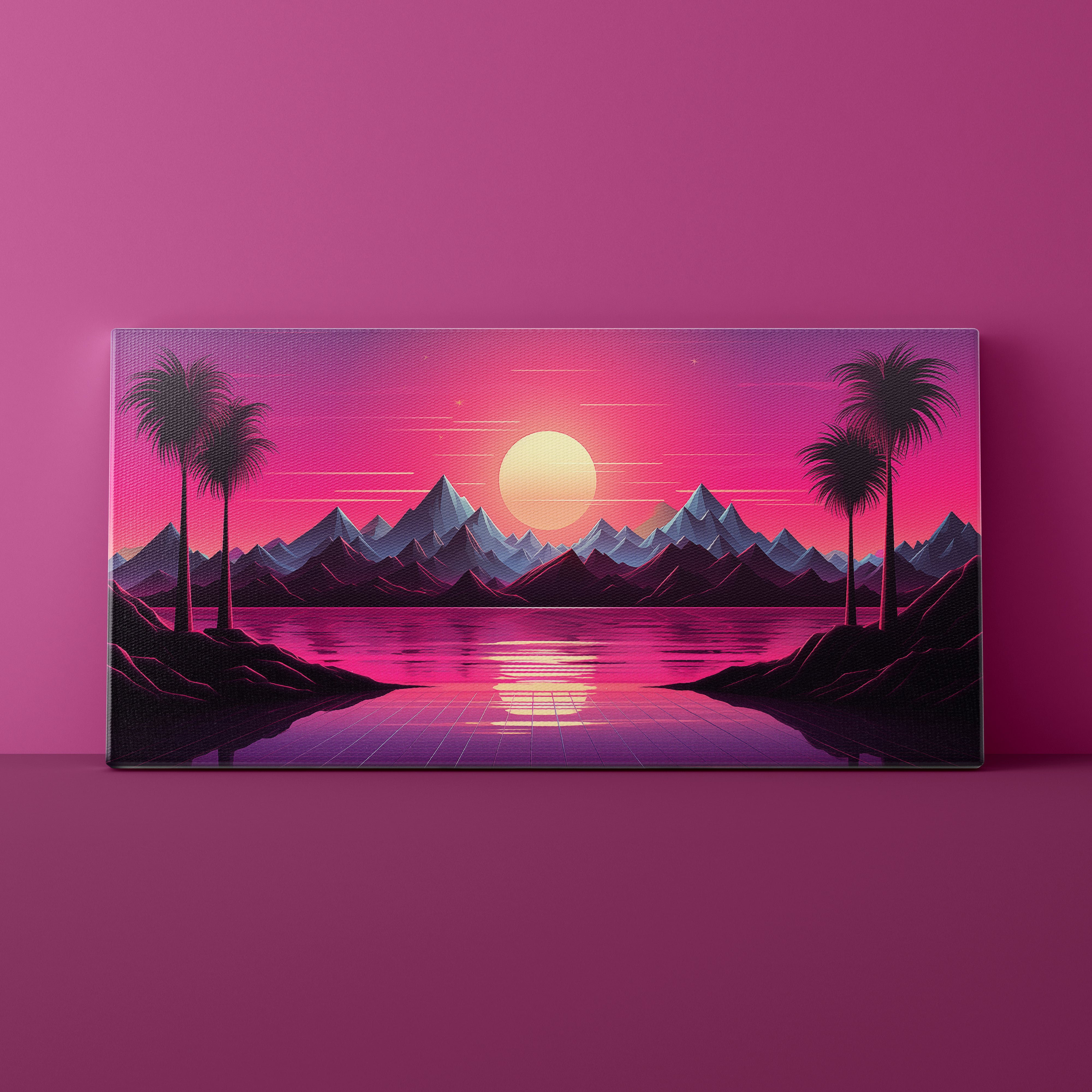 Canvas print of a futuristic landscape with mountains, palm trees, and a pink sky.