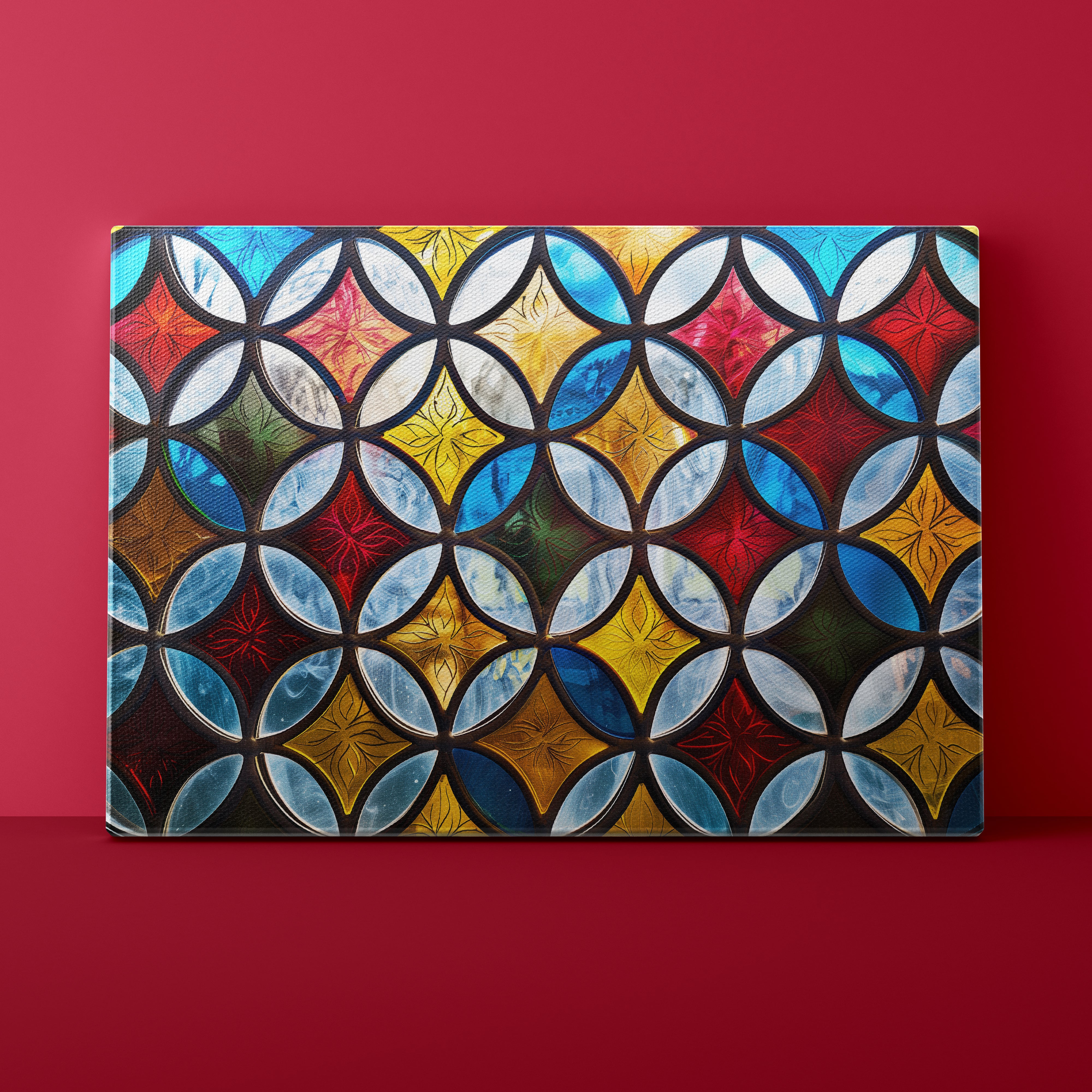 Colorful geometric patterned tile on a red background