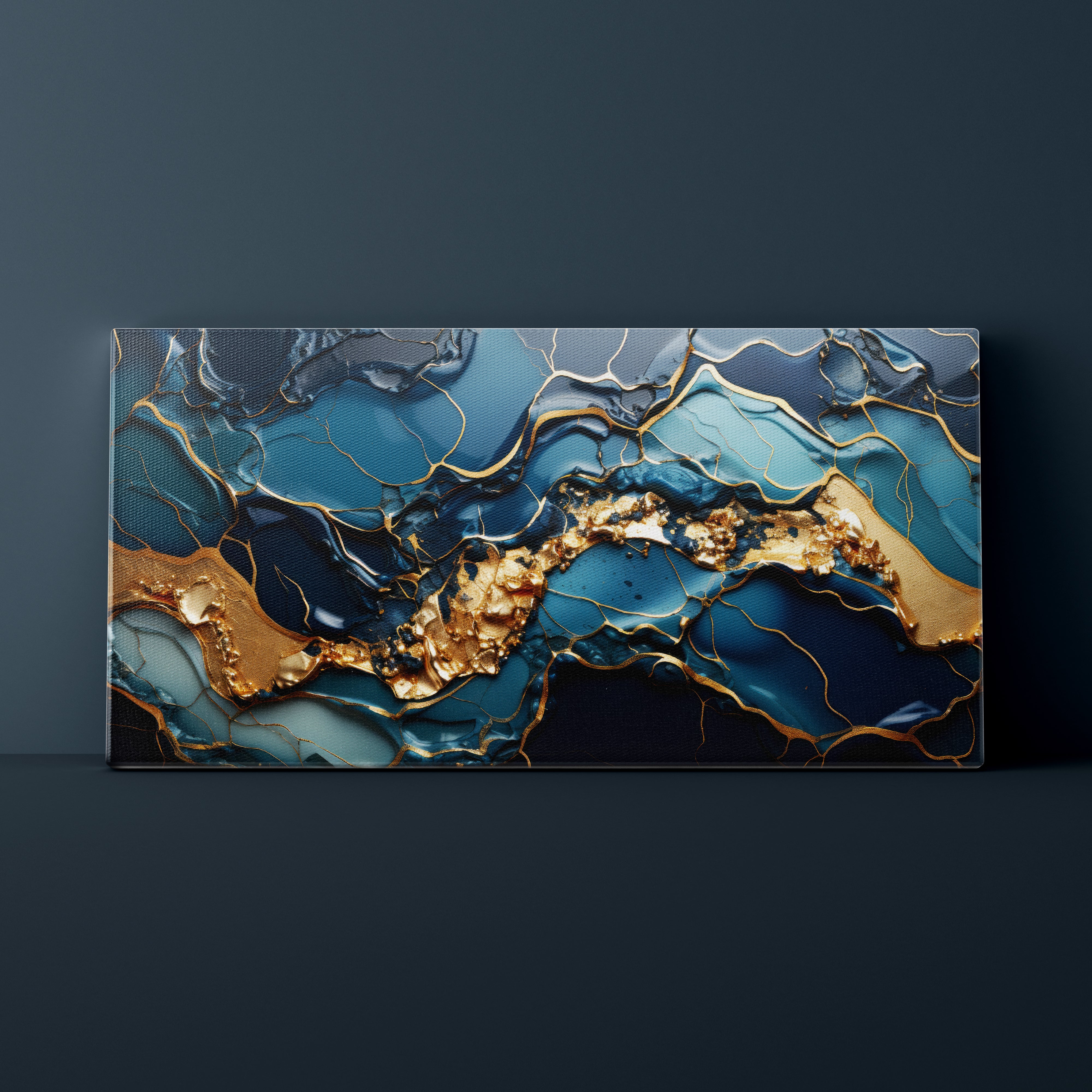Abstract art piece with blue and gold colors on a dark background