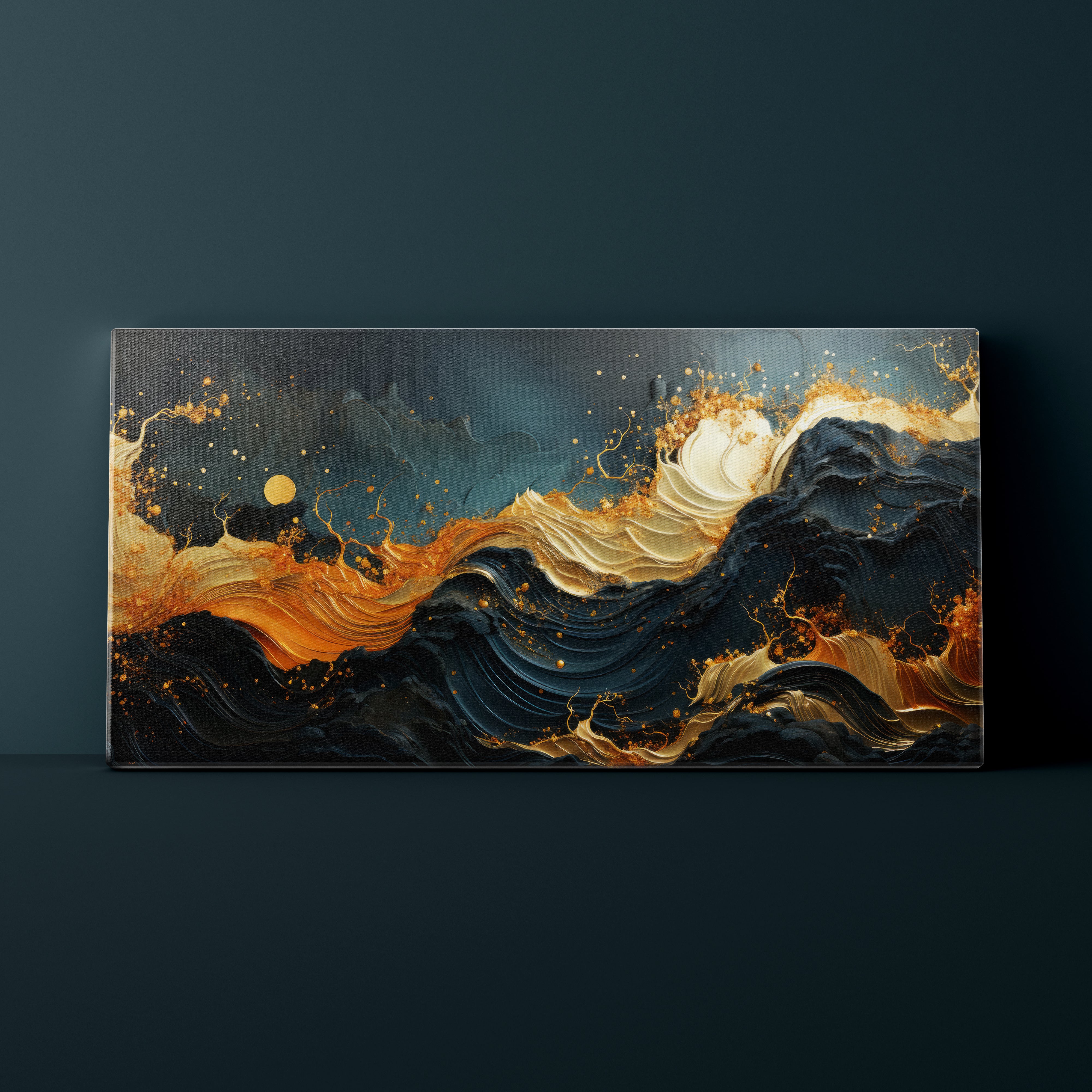 Abstract artwork of wavy patterns in gold and blue on a dark background