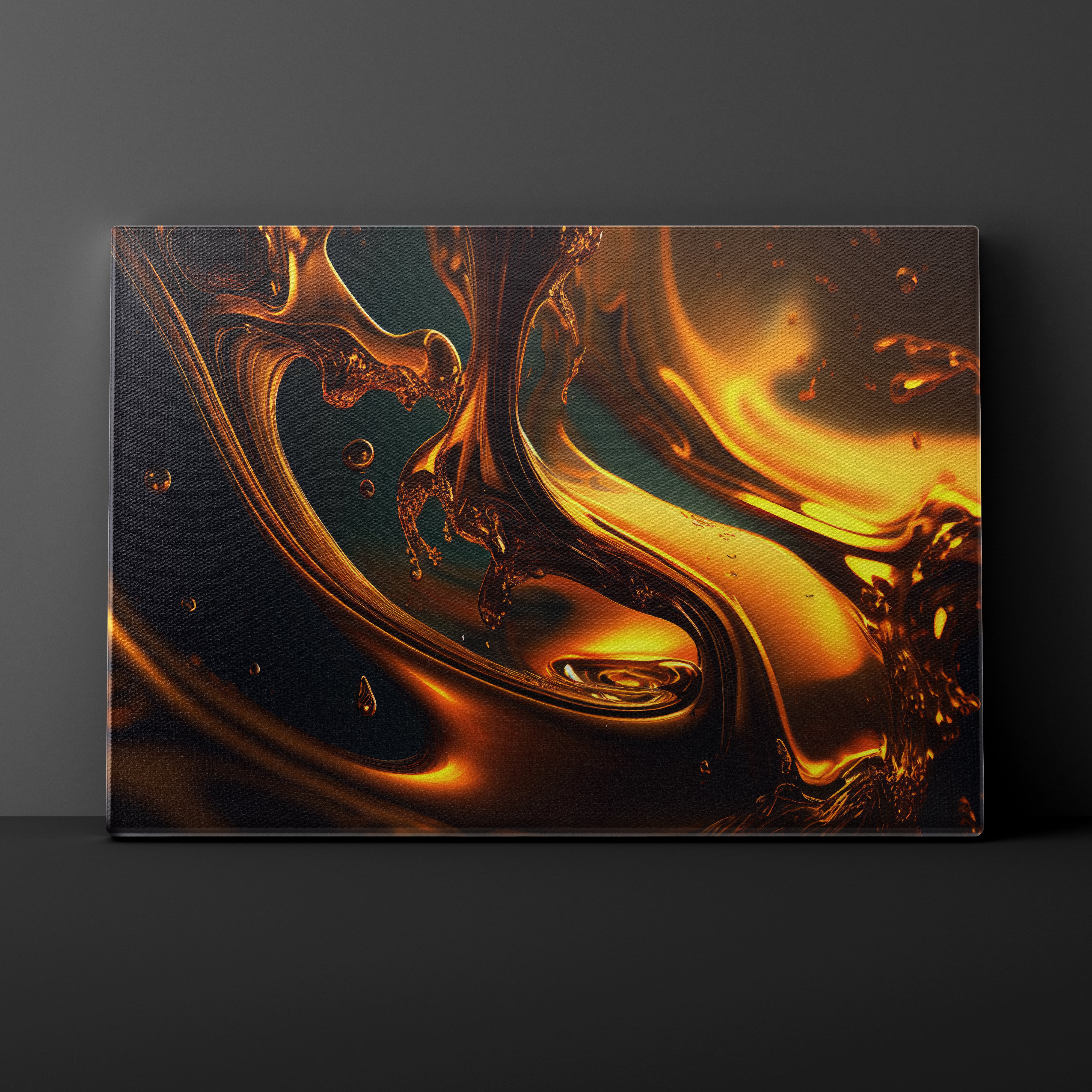Abstract artwork of swirling gold and black liquid on a dark background