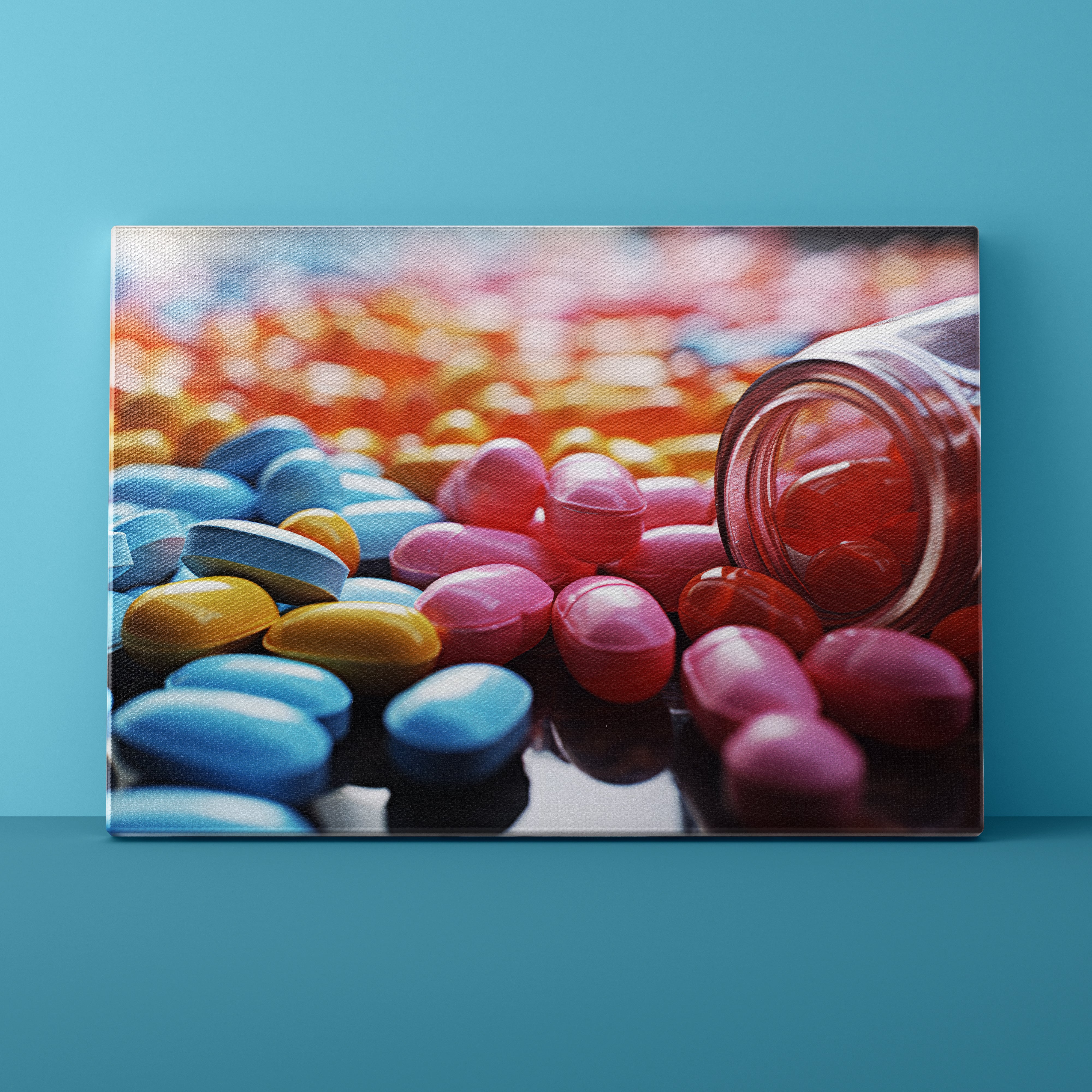 Colorful candies with a jar on a reflective surface against a blue background