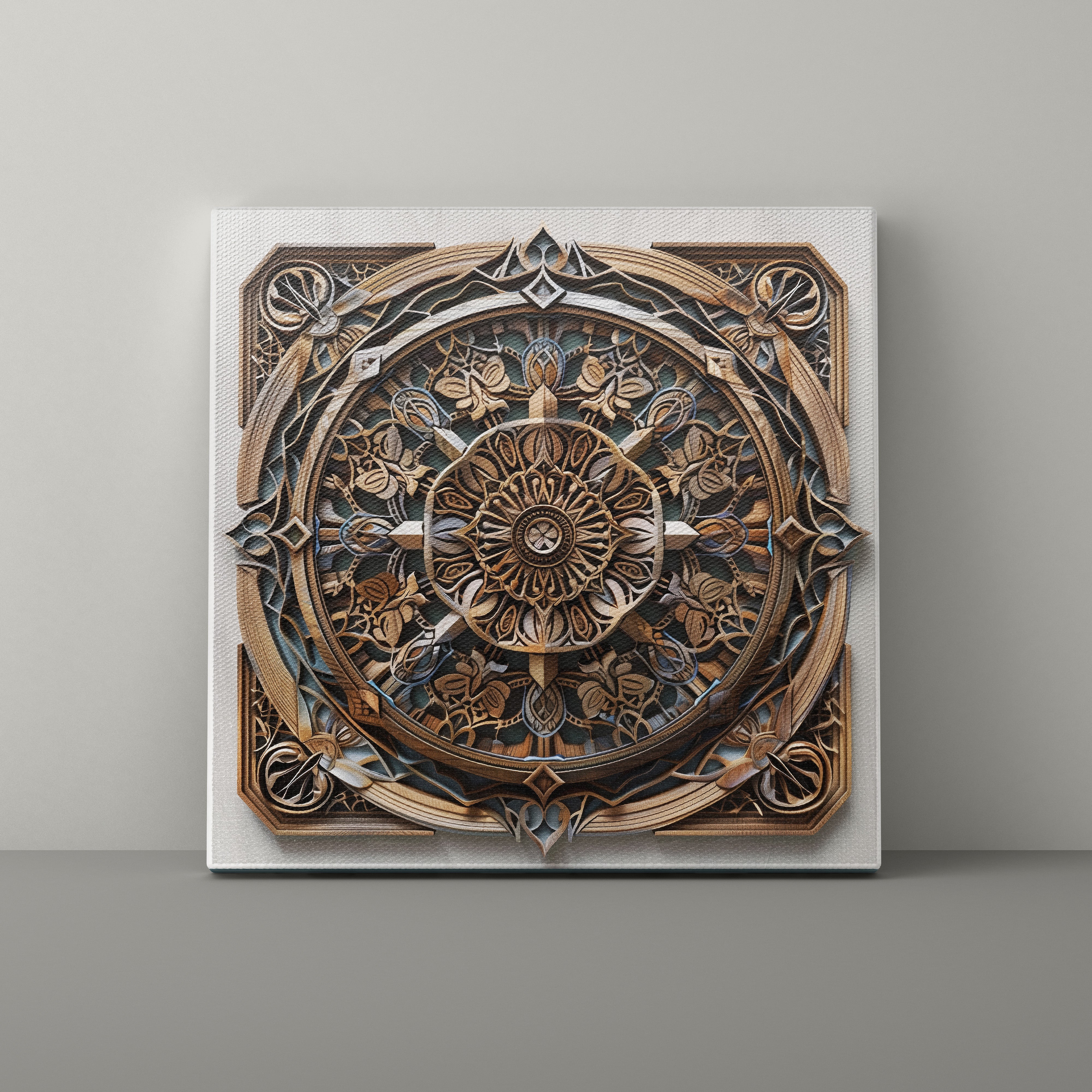 Decorative wall art with intricate patterns on a gray background