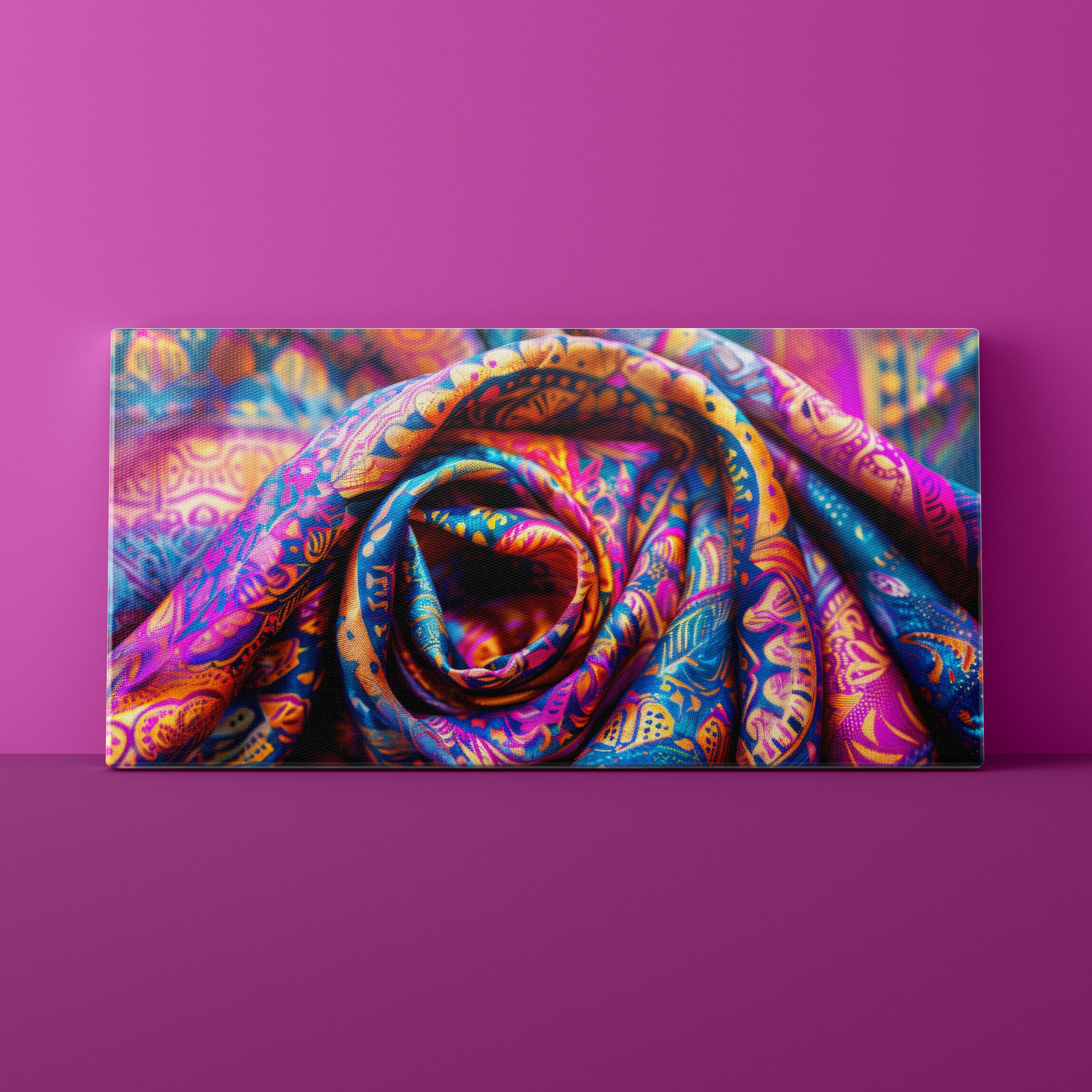 Colorful fabric roll with intricate patterns on a purple background