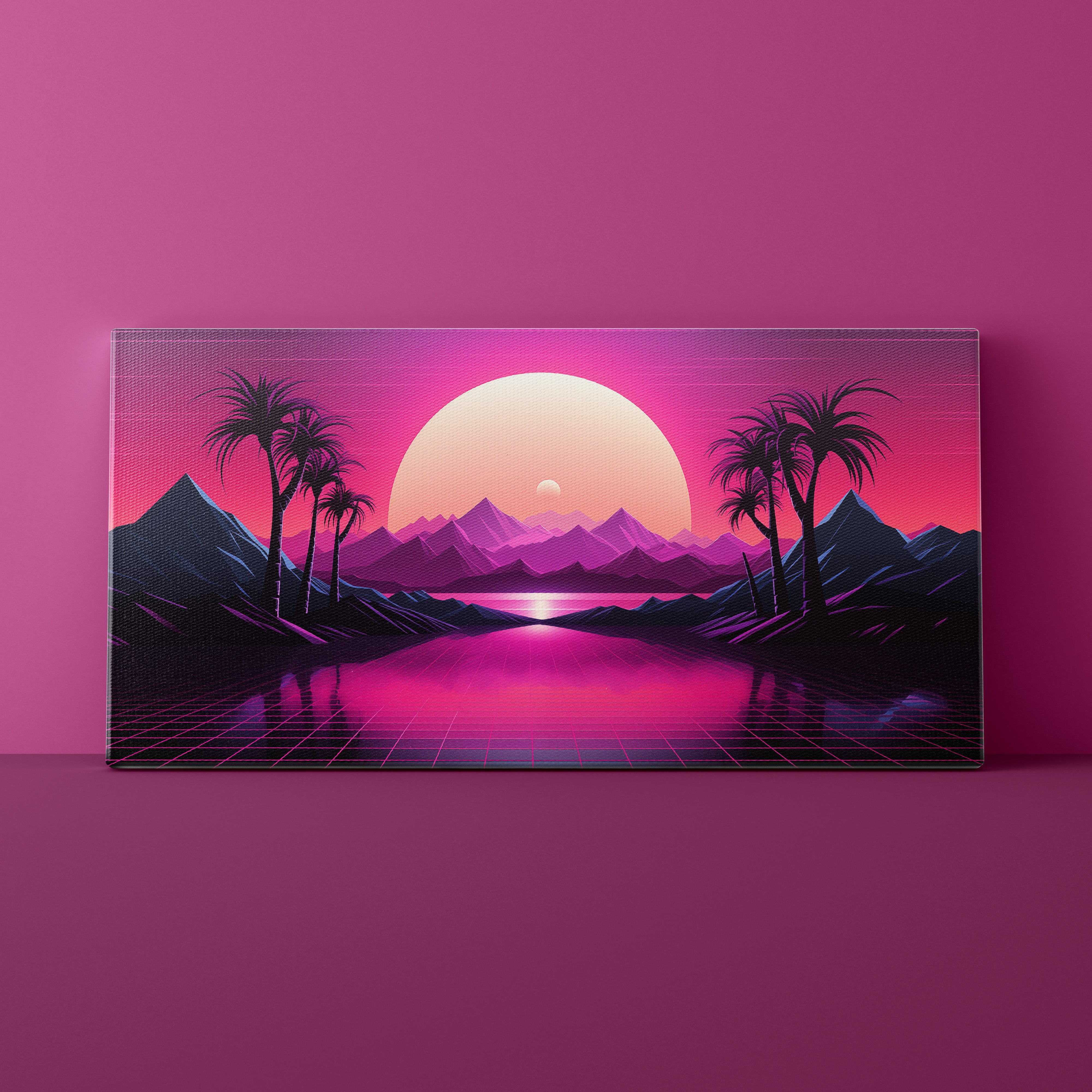Futuristic landscape with palm trees, mountains, and a large sun on a pink background