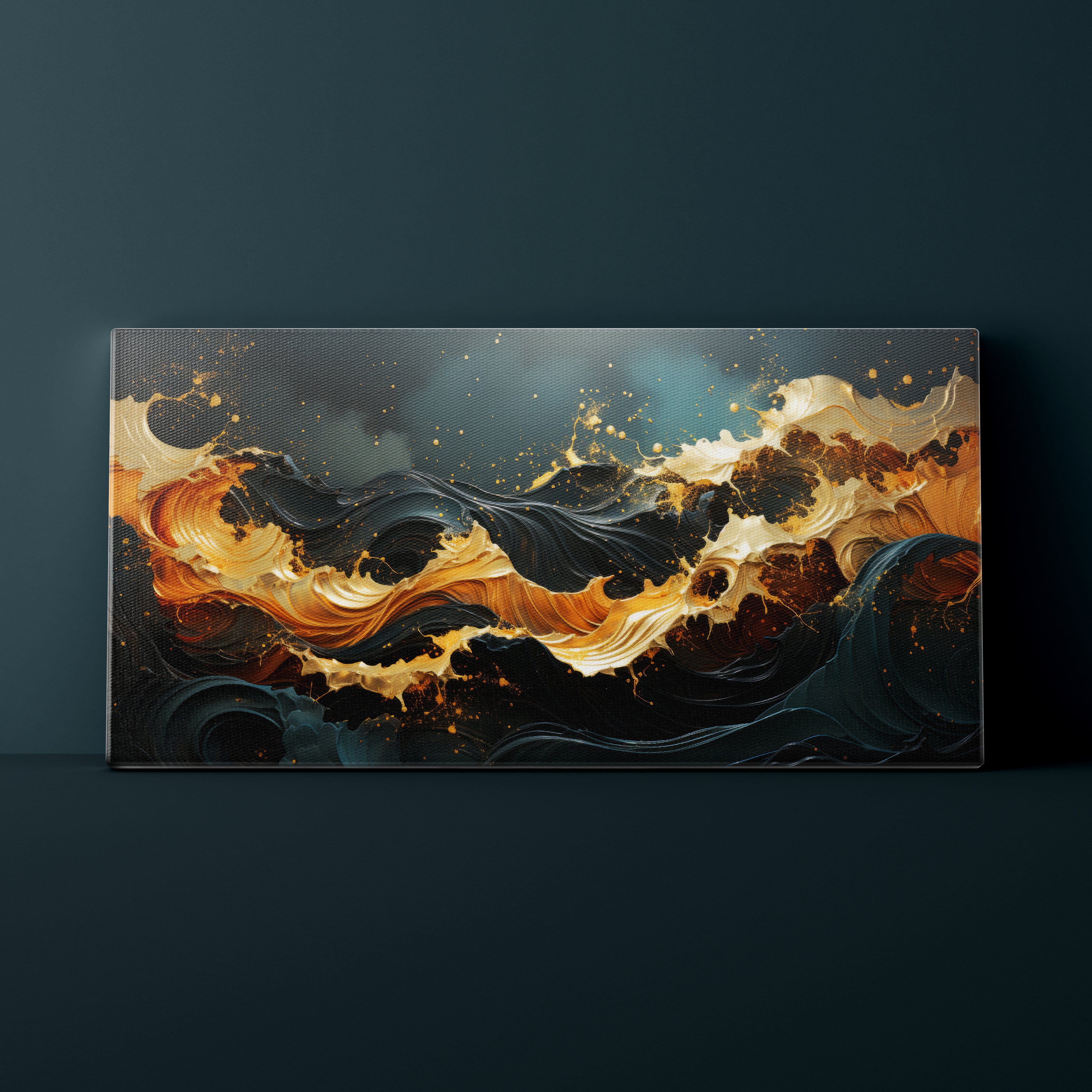 Abstract art piece with wavy patterns in black, gold, and white on a dark background