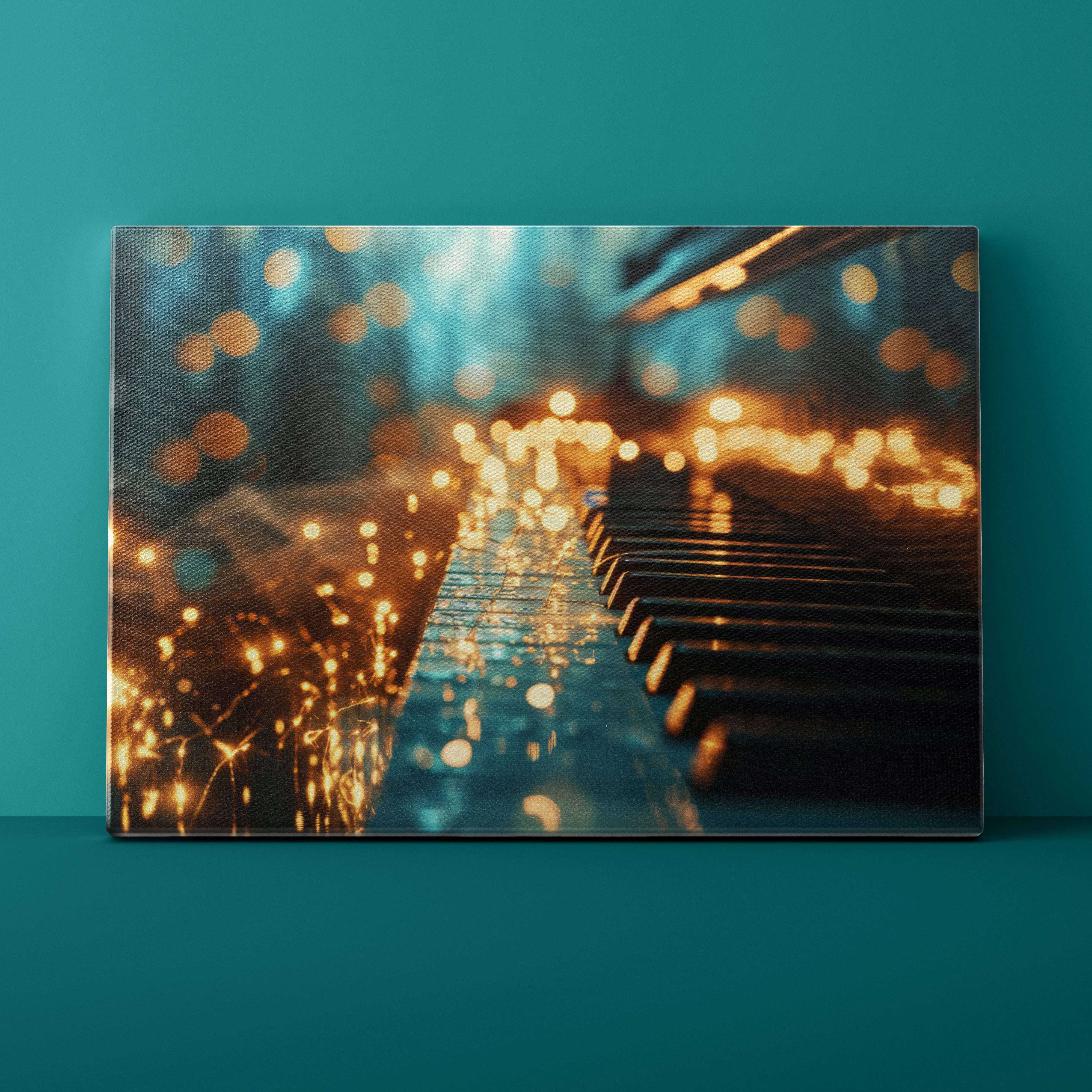 Canvas print of a blurred image of a train on tracks with lights against a teal wall.